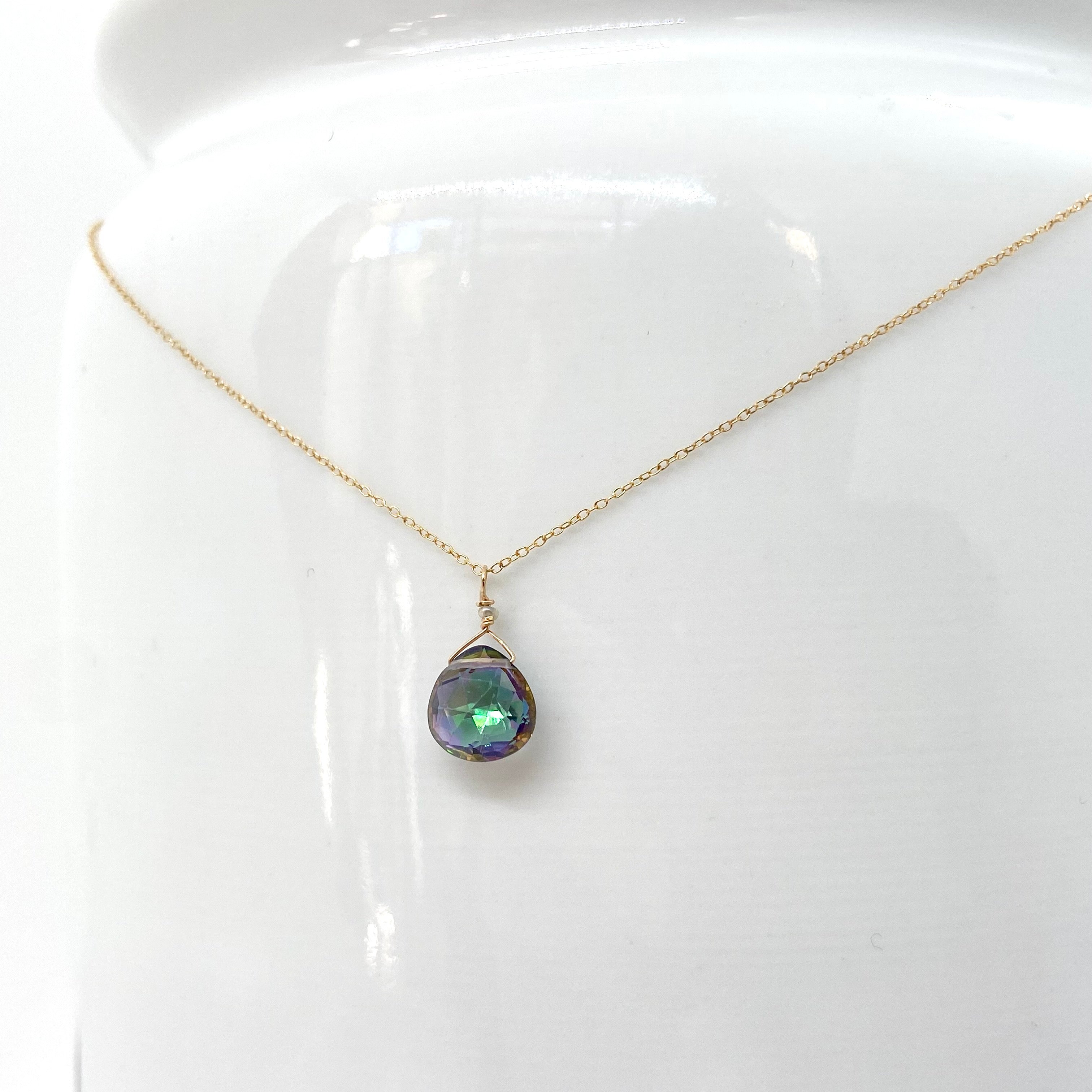 14k Gold Chain Necklace w/ Mystic Topaz & Freshwater Pearl