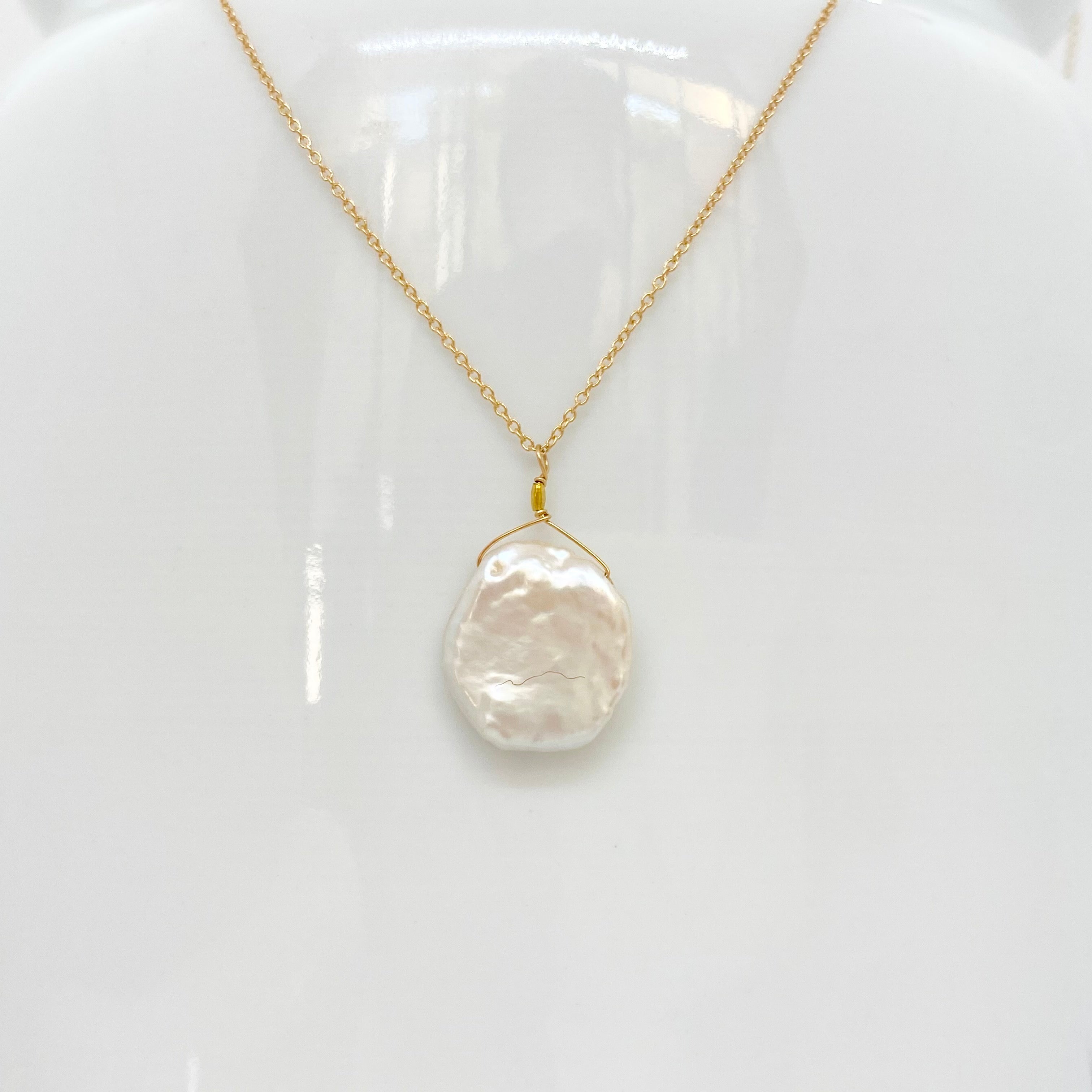 14k Gold Chain Necklace w/ Keshi Pearl & 18k Gold Nugget