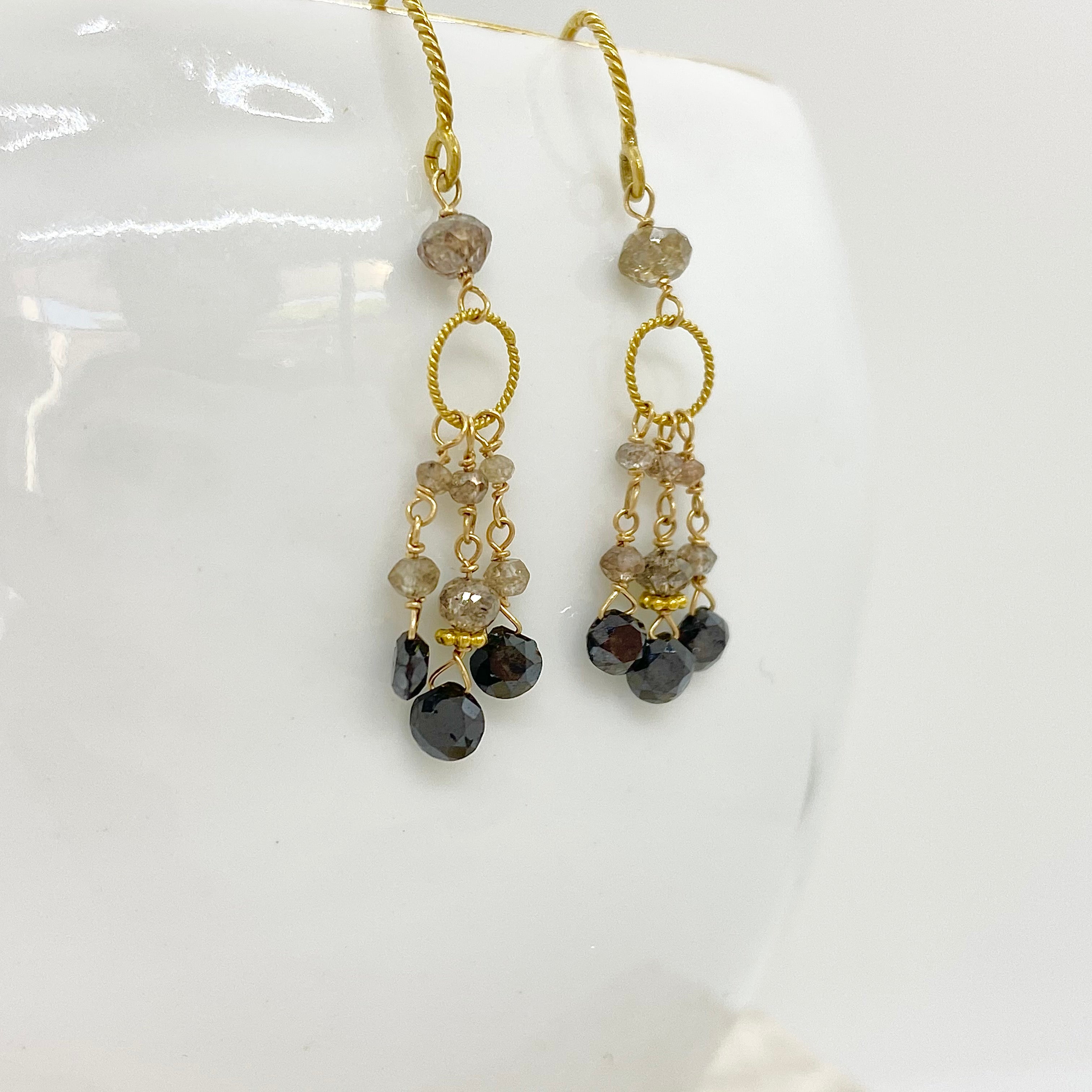 14k Gold Earrings w/ 18k Gold, Black Diamonds & Champagne Diamonds