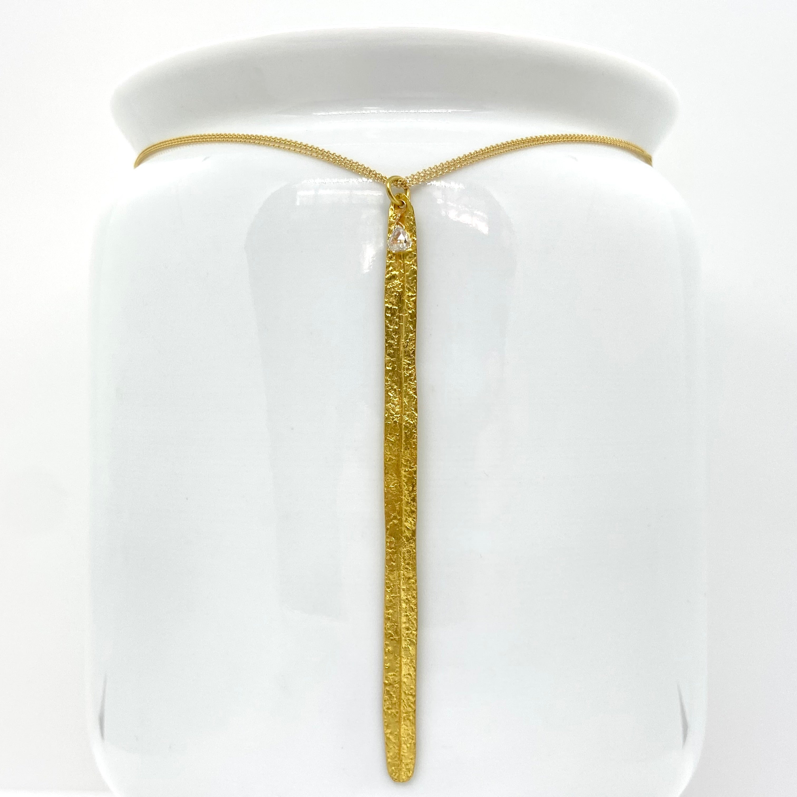 14k Gold Choker Triple-Chain Necklace w/ 18k Gold Leaf Pendant & Natural Diamond