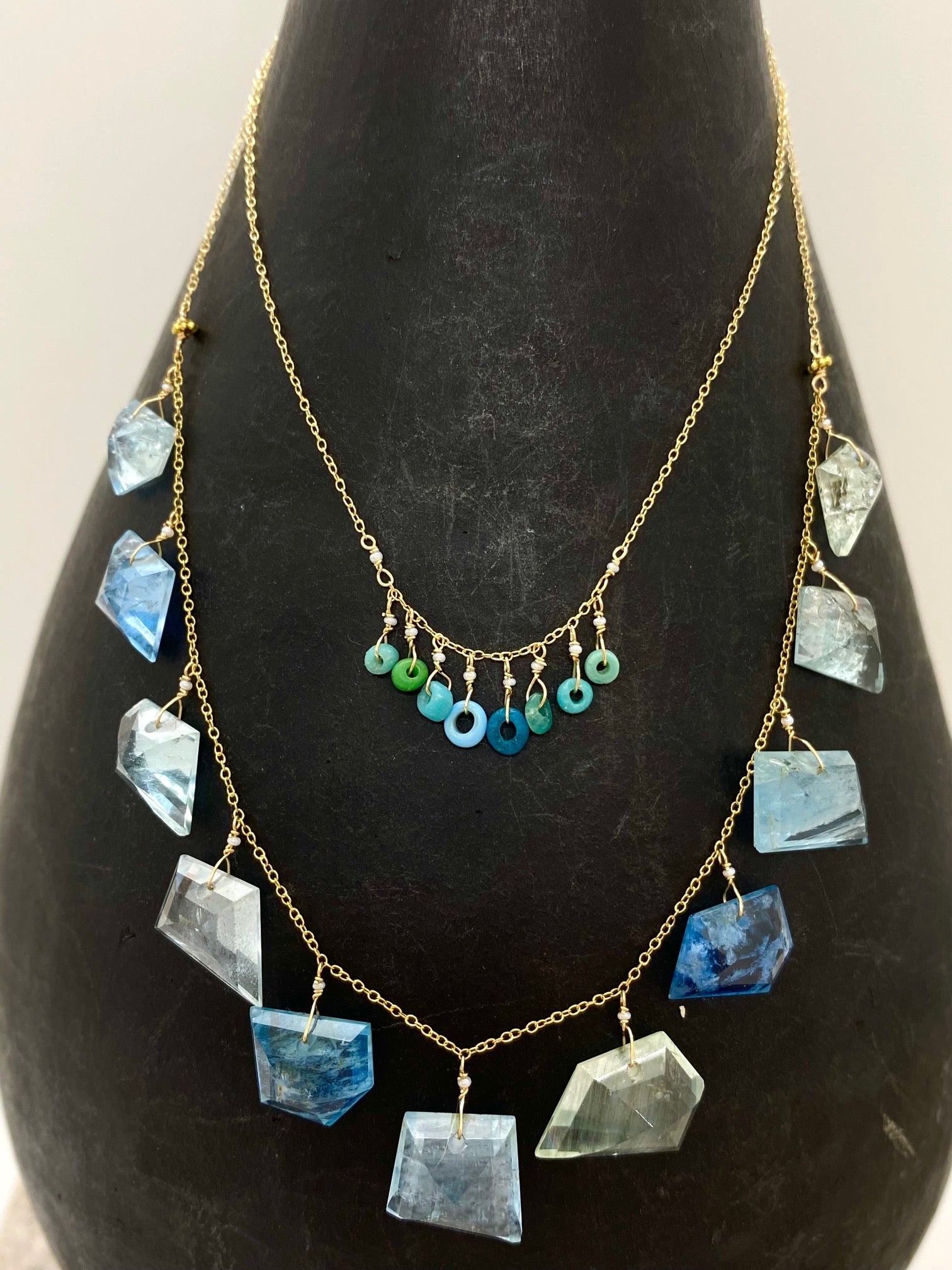 14k Gold Chain Necklace w/ Aquamarine, 18k Gold Daisies & Antique Italian Beads