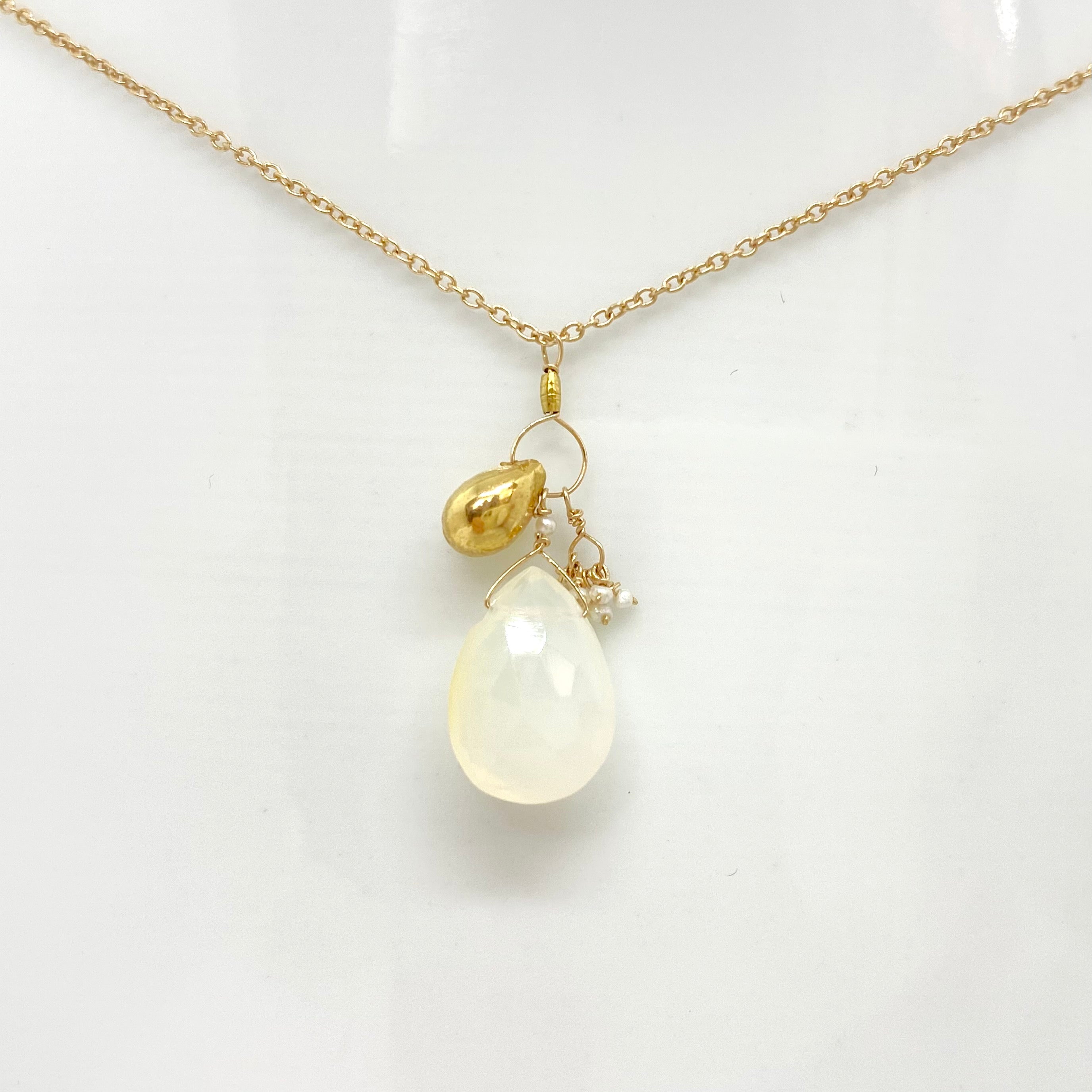 14k Gold Chain Necklace w/ White Opal, 18k Gold Drop, 18k Gold Nugget & Freshwater Pearls