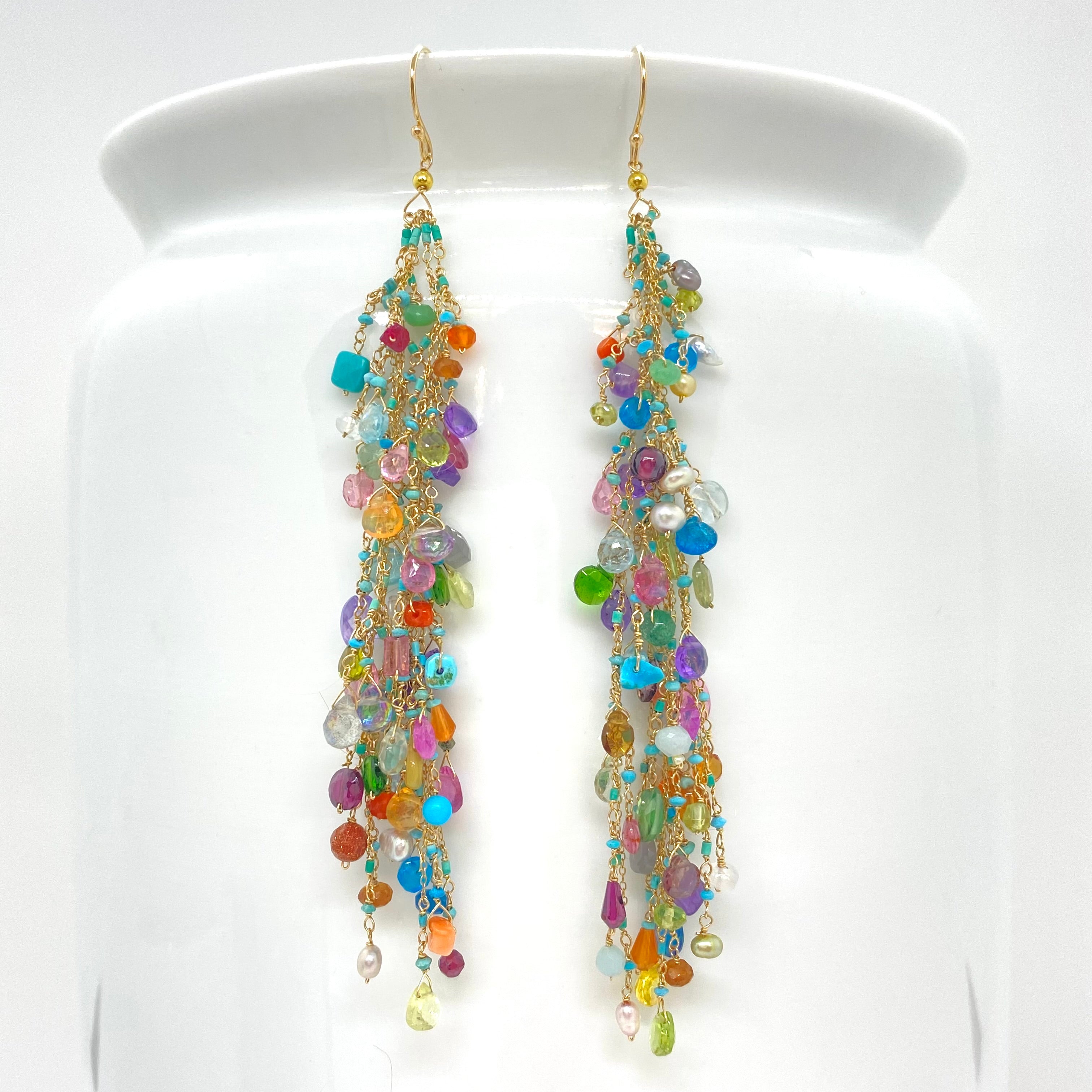 14k Gold Earrings w/ Precious Stones, Semi-Precious Stones, Afghan Turquoise, Freshwater Pearls & 18k Gold Nugget