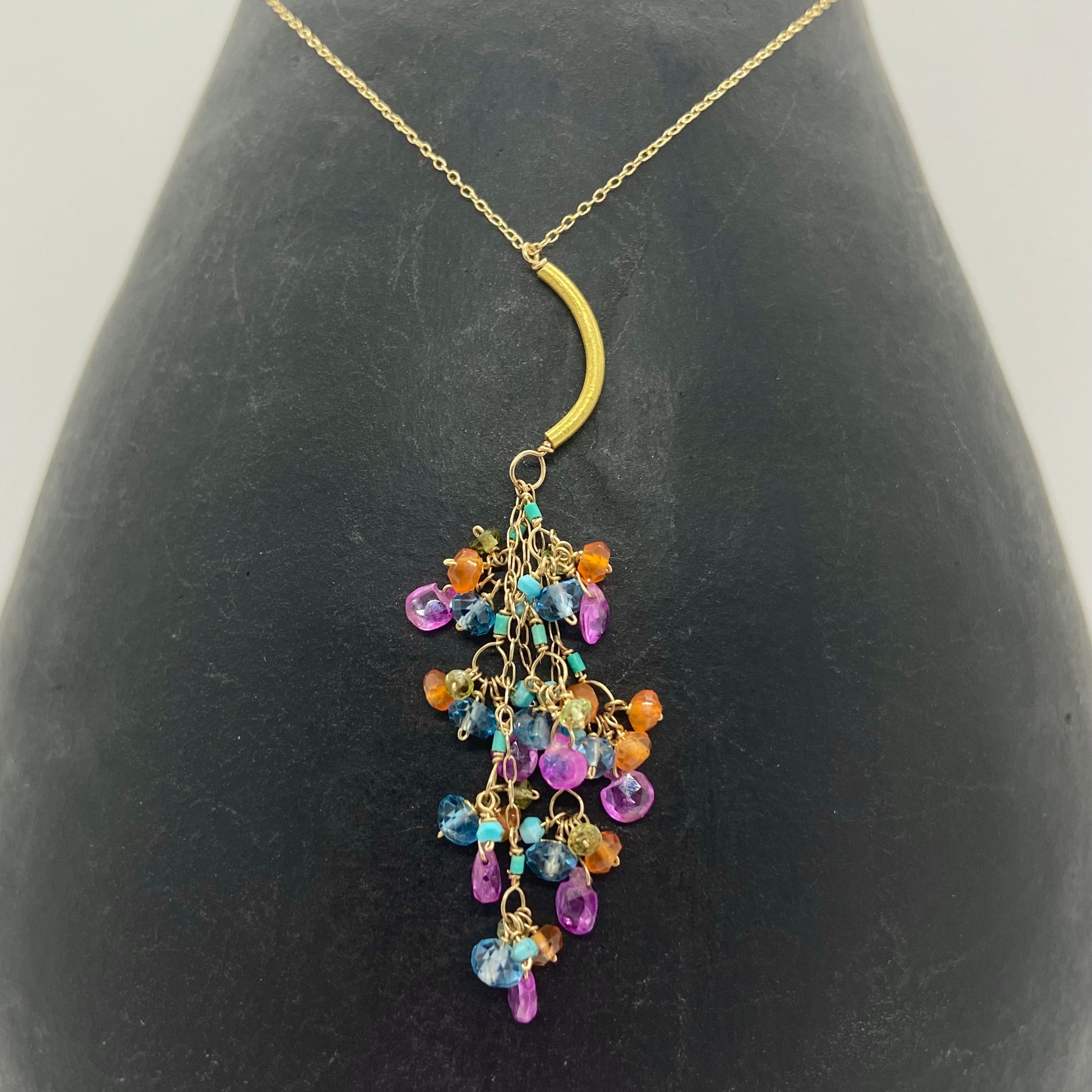 14k Gold Chain Necklace w/ 18k Gold Pendant, Pink Sapphires, Blue London Topaz, Carnelian, Afghan Turquoise & Grey Sapphires