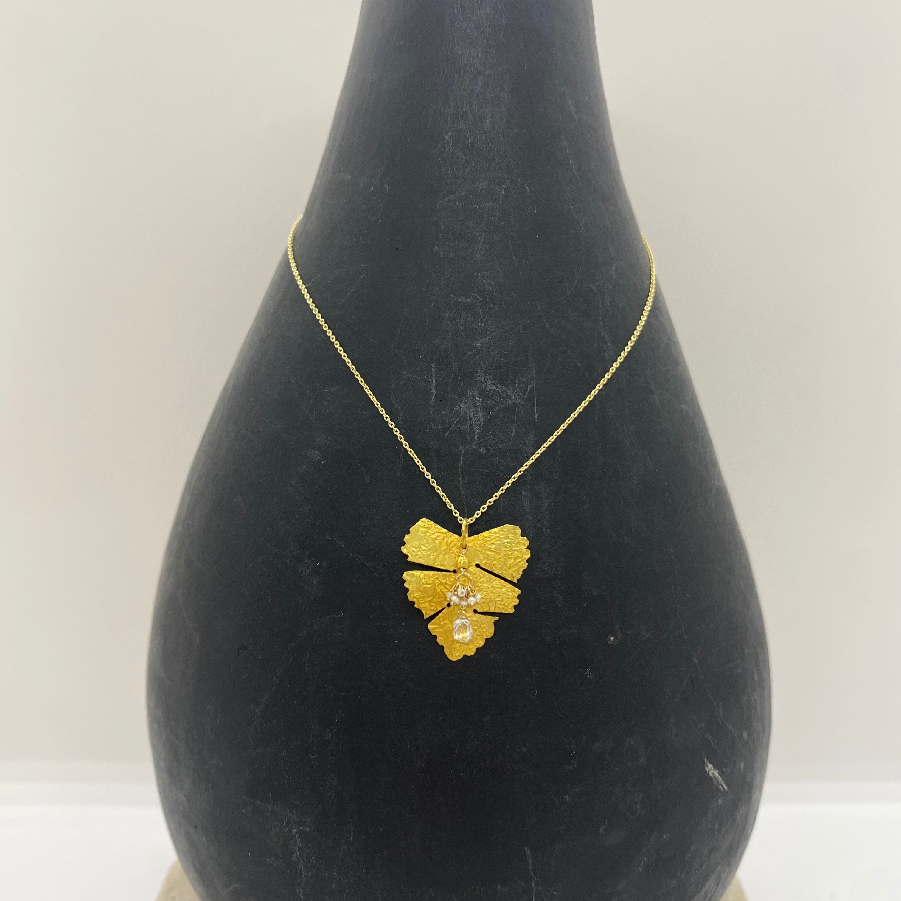 14k Gold Chain Necklace w/ Hand-Cut 18k Gold Leaf Pendant, Diamond, 18k Gold Nugget & Antique Italian Beads