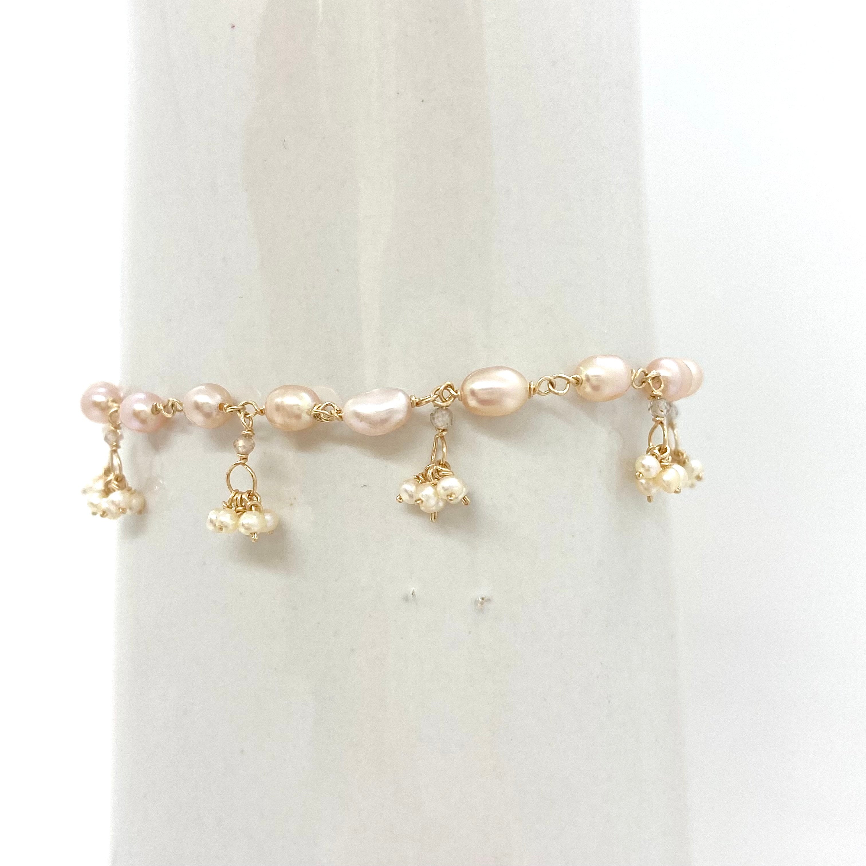 14k Gold Bracelet w/ Freshwater Pearls & Quartz