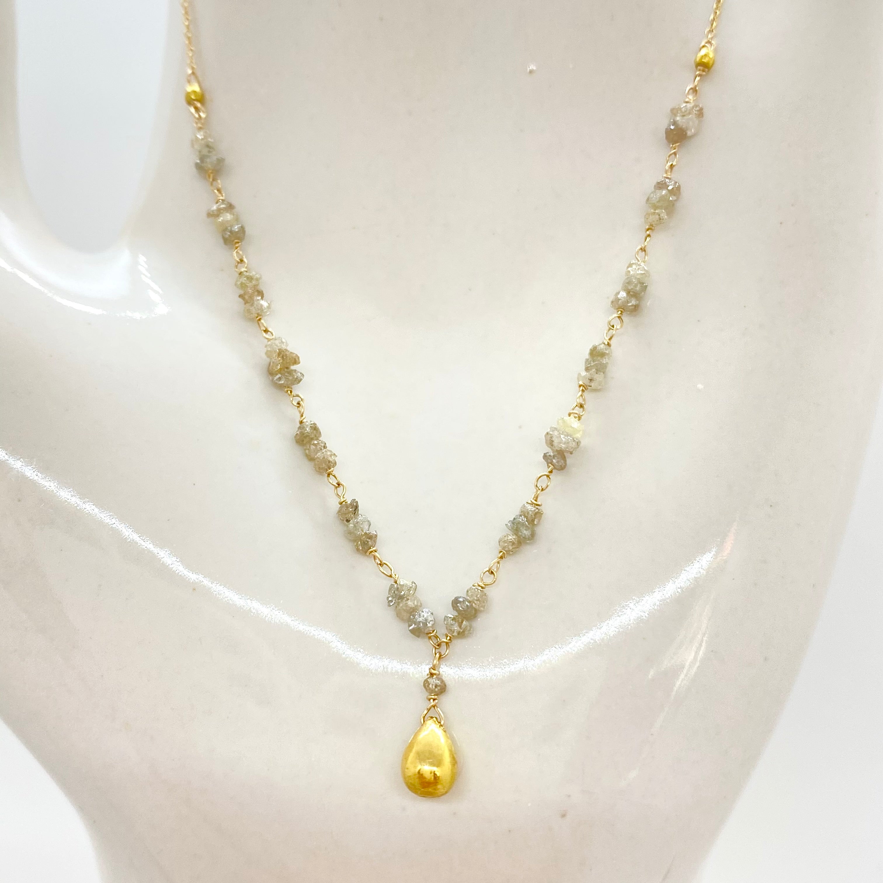 14k Gold Chain Necklace w/ 18k Gold Drop, Champagne Diamond, Raw Diamonds & 18k Gold Nuggets