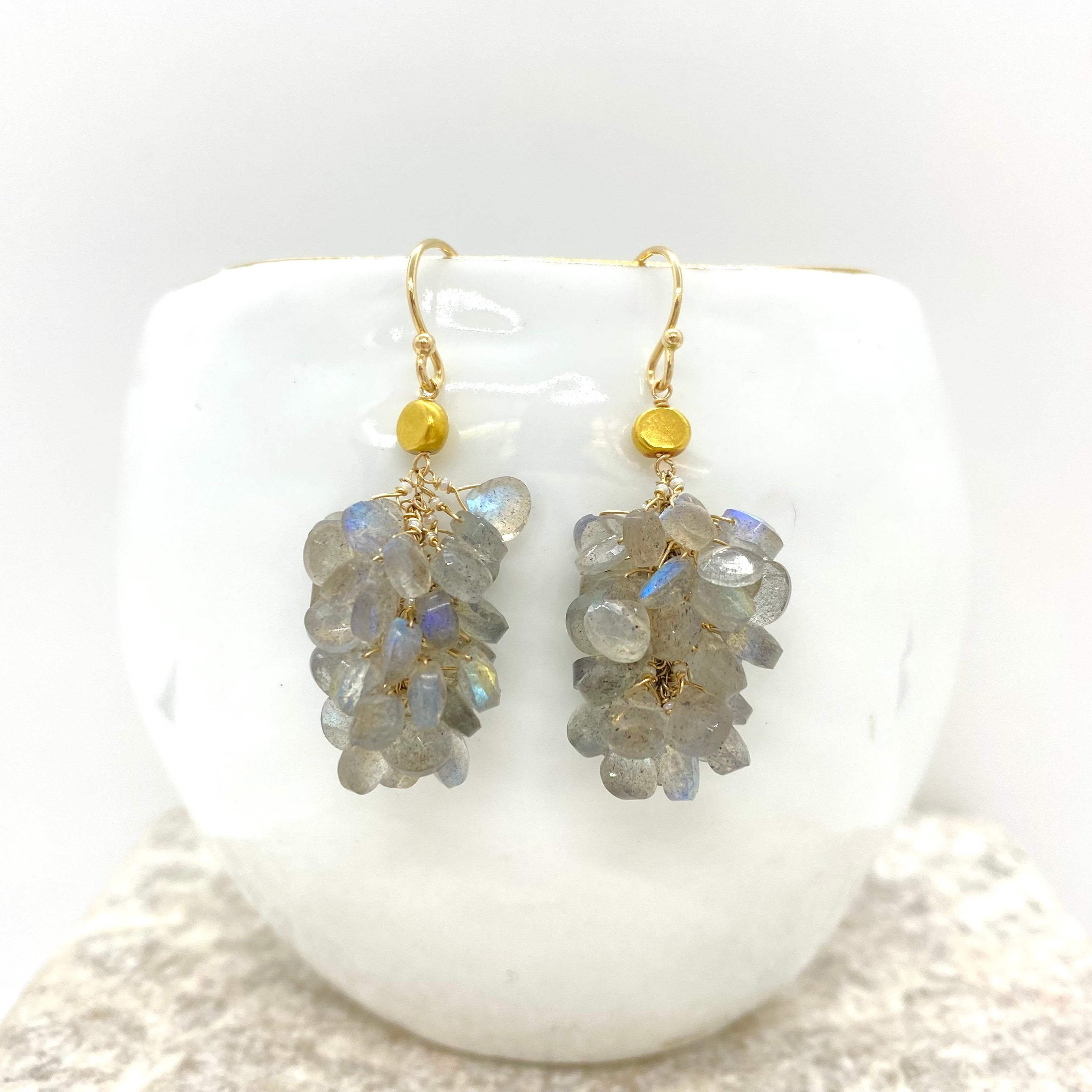 14k Gold Earrings w/ Grey Moonstone, 18k Gold Nugget & Antique Italian Beads