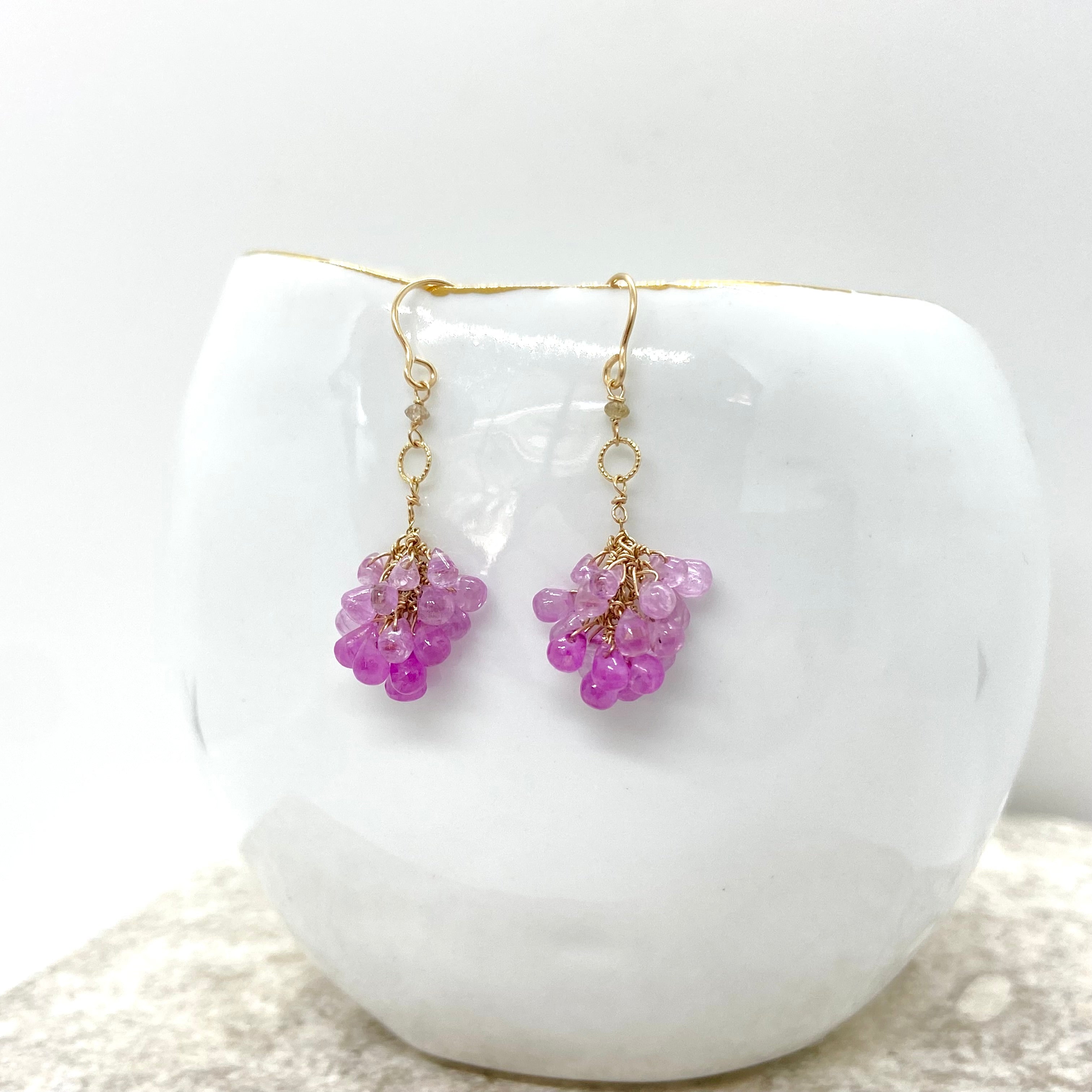 14k Gold Earrings w/ Pink Sapphires, 18k Gold Loop & Diamond