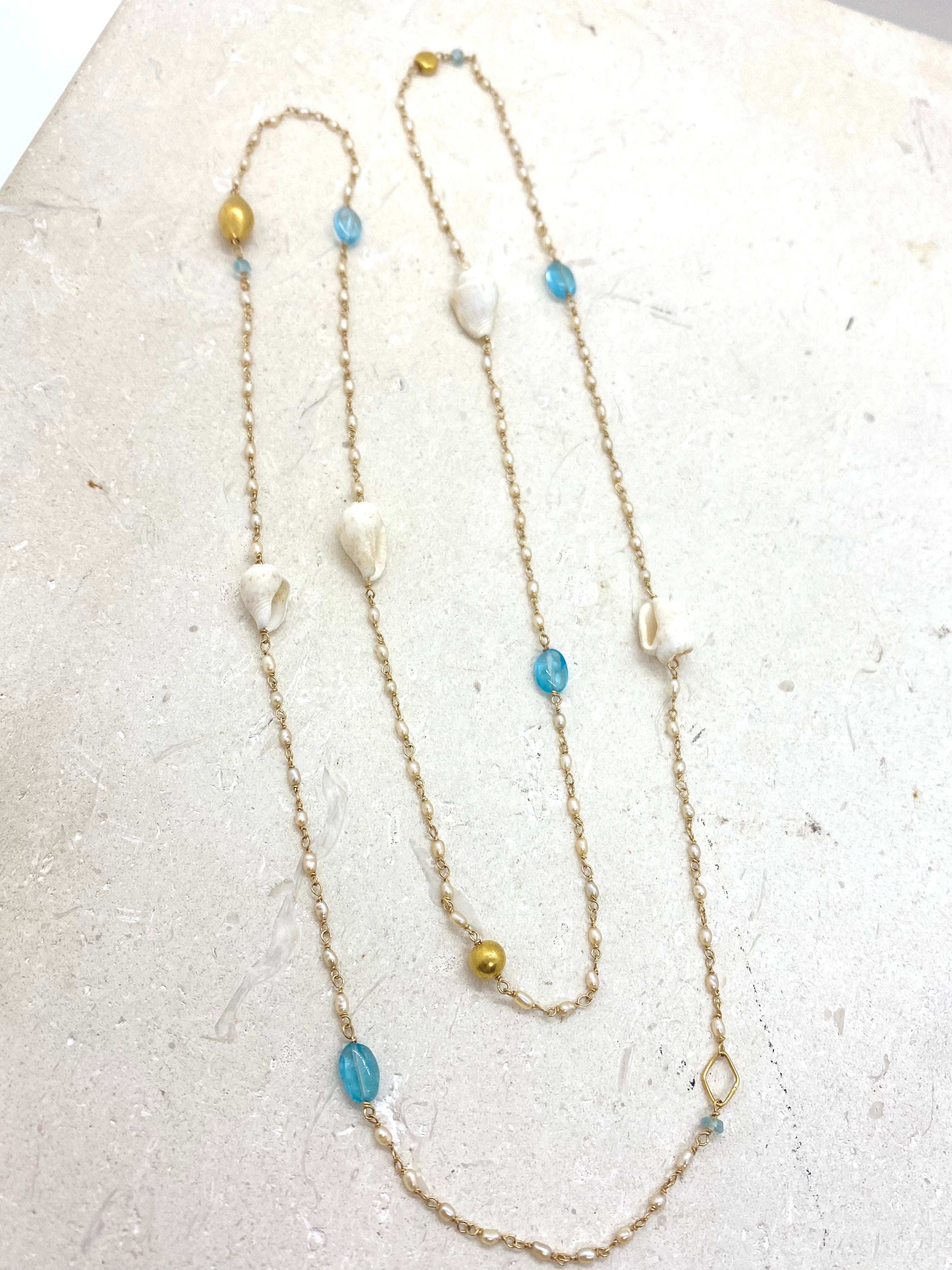 14k Gold Chain Necklace w/ Shells, Apatite, 18k Gold Nuggets & 18k Gold Loop