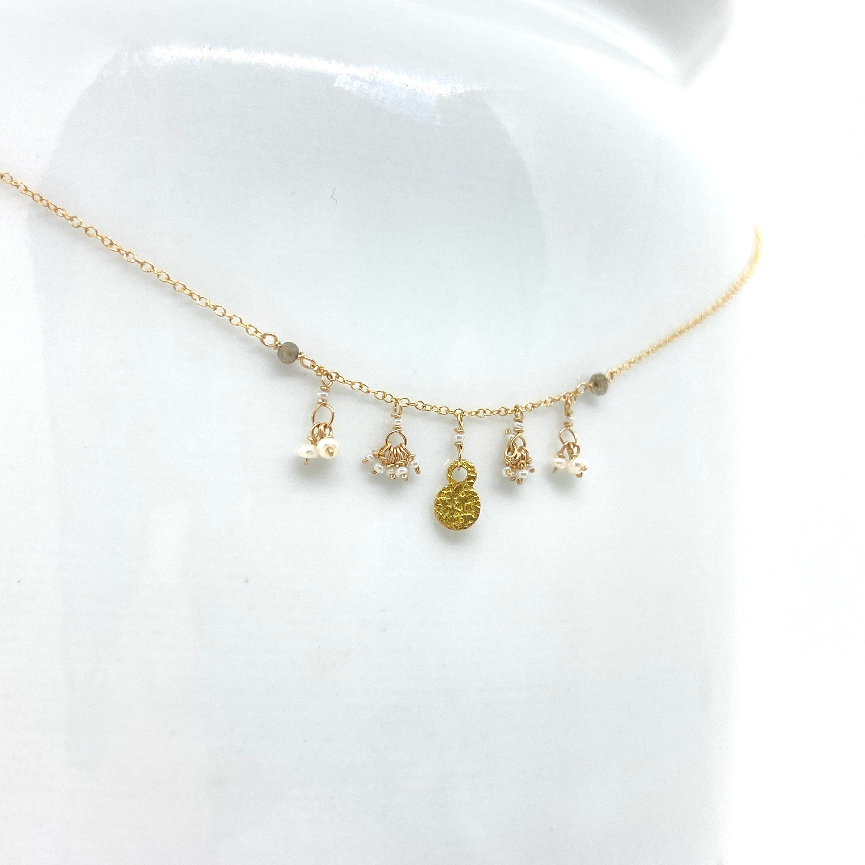 14k Gold Chain Necklace w/ 18k Gold Pendant, Freshwater Pearls, Diamonds & Antique Italian Beads
