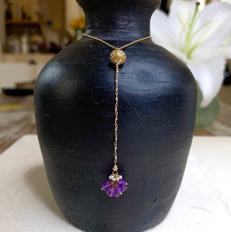 14k Gold Choker Necklace w/ 18k Gold Diamond Pendant, Amethyst, Freshwater Pearls, 18k Gold Daisy, Diamonds & Antique Italian Beads