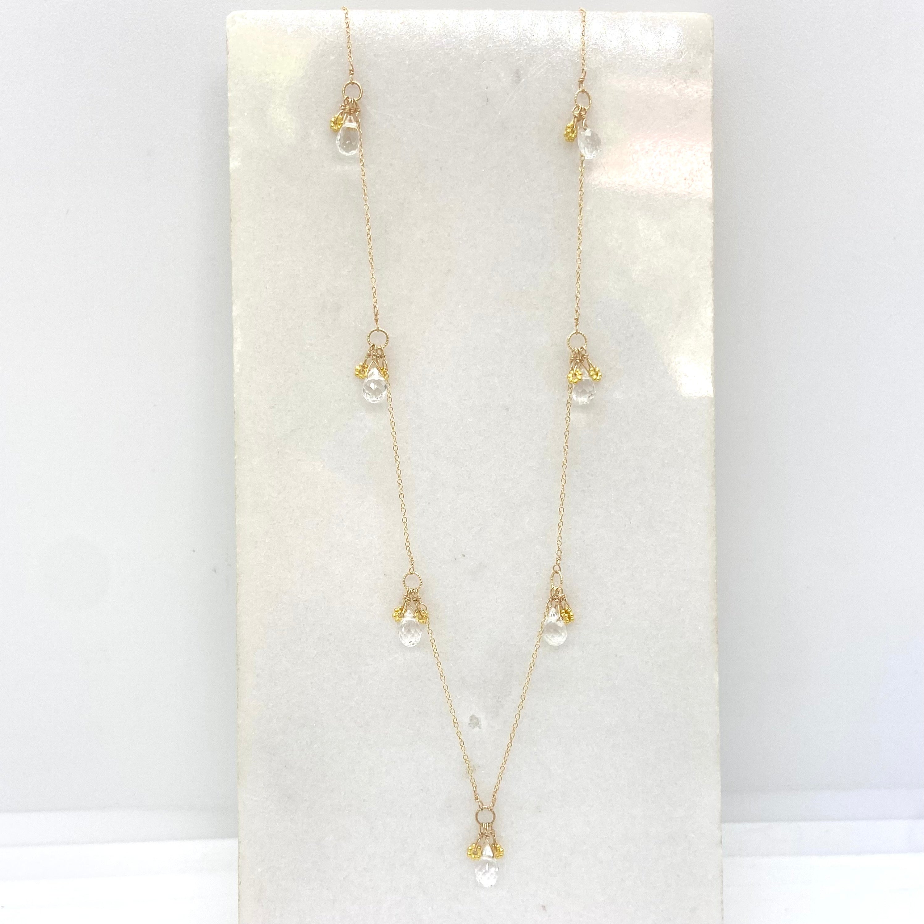 14k Gold Chain Necklace w/ Quartz & 18k Gold Daisies