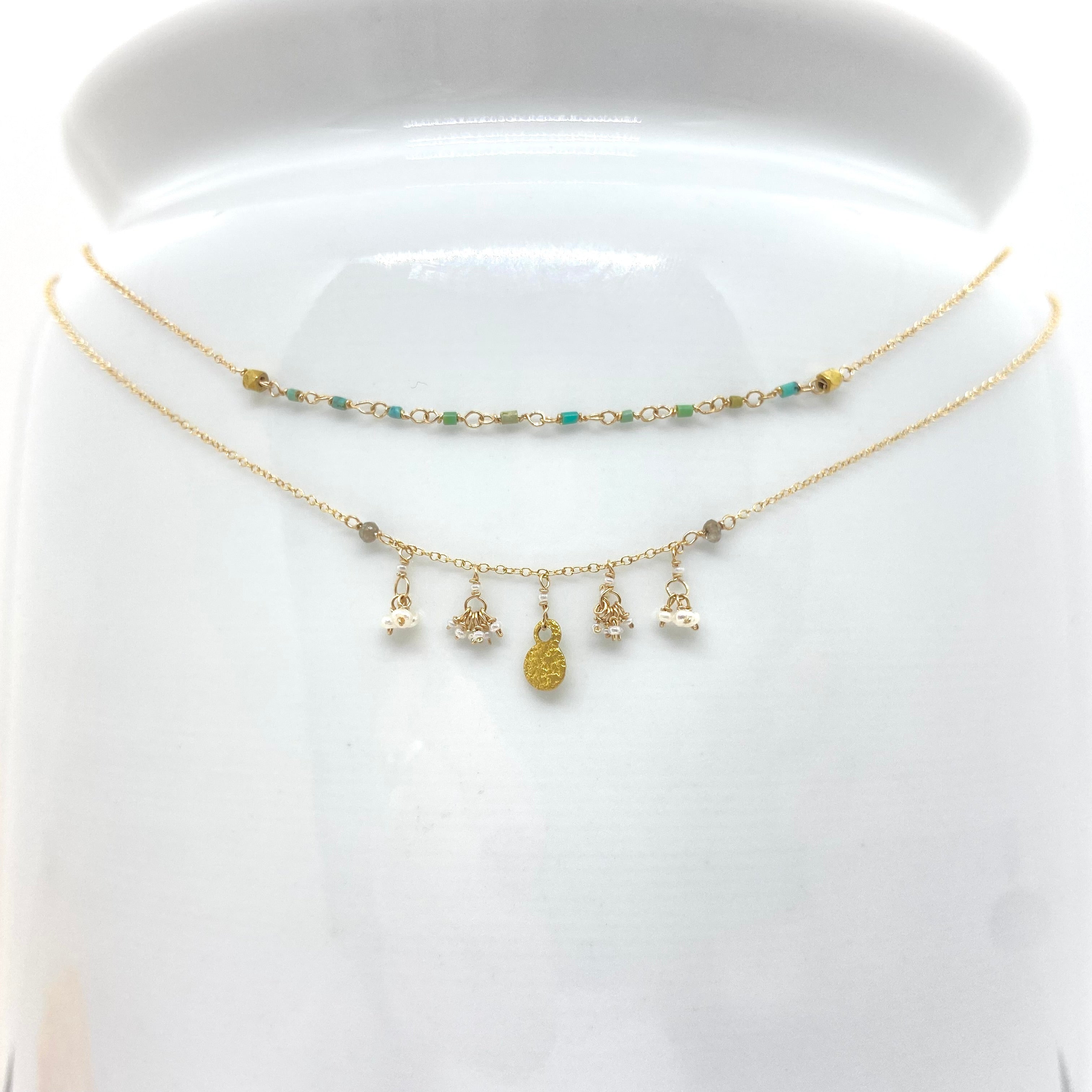 14k Gold Chain Necklace w/ 18k Gold Pendant, Freshwater Pearls, Diamonds & Antique Italian Beads