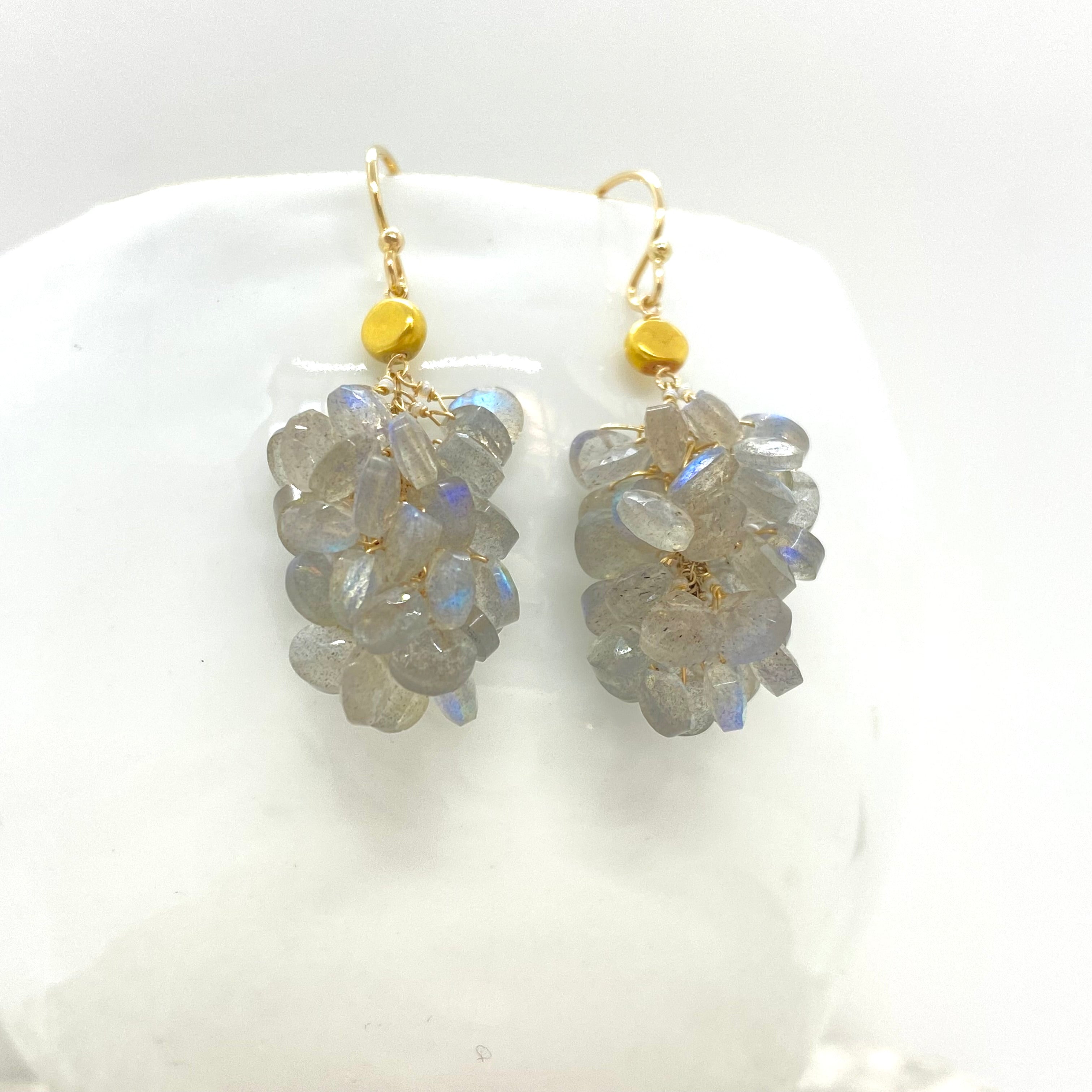 14k Gold Earrings w/ Grey Moonstone, 18k Gold Nugget & Antique Italian Beads