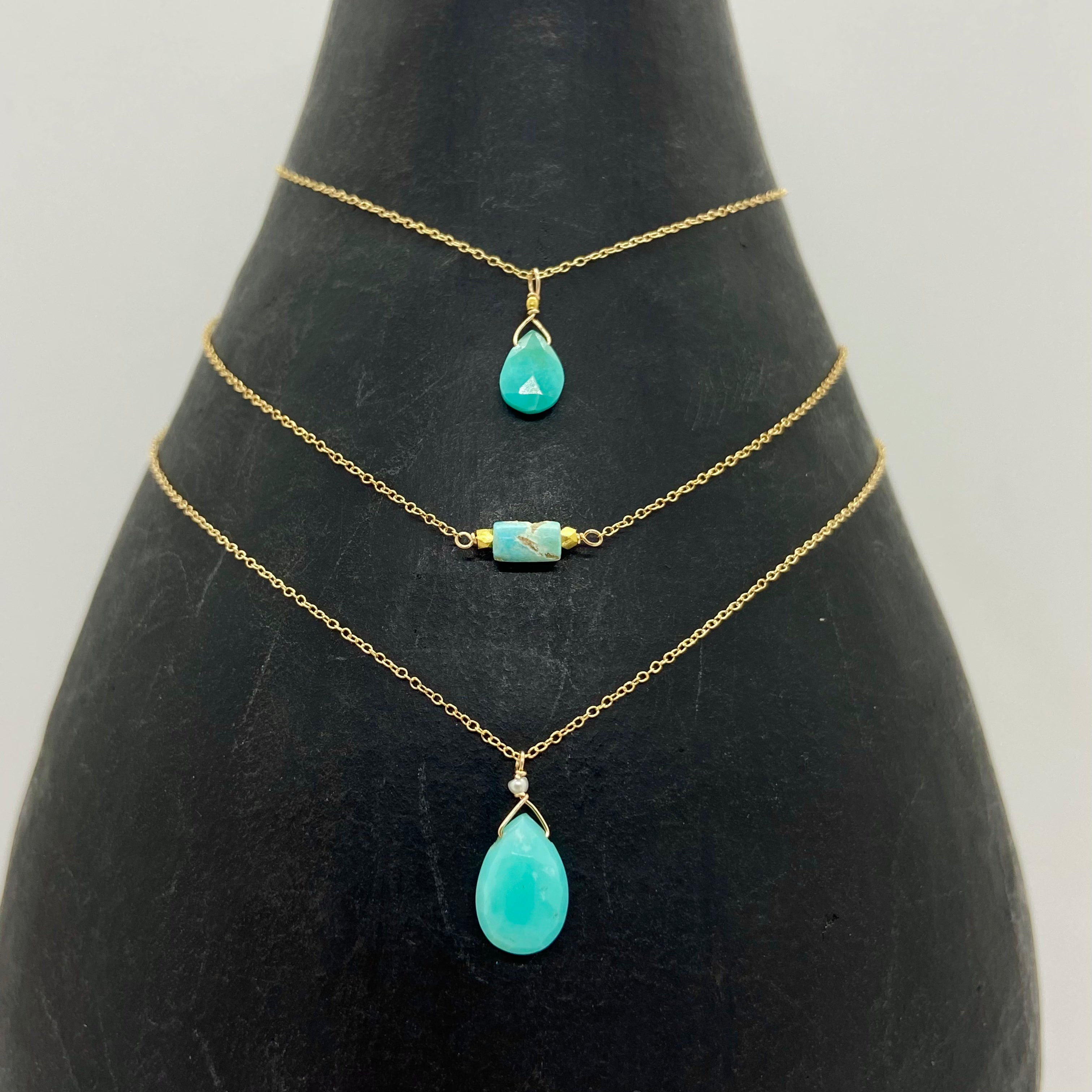 14k Gold Chain Necklace w/ Ancient Turquoise & 18k Gold Pendants