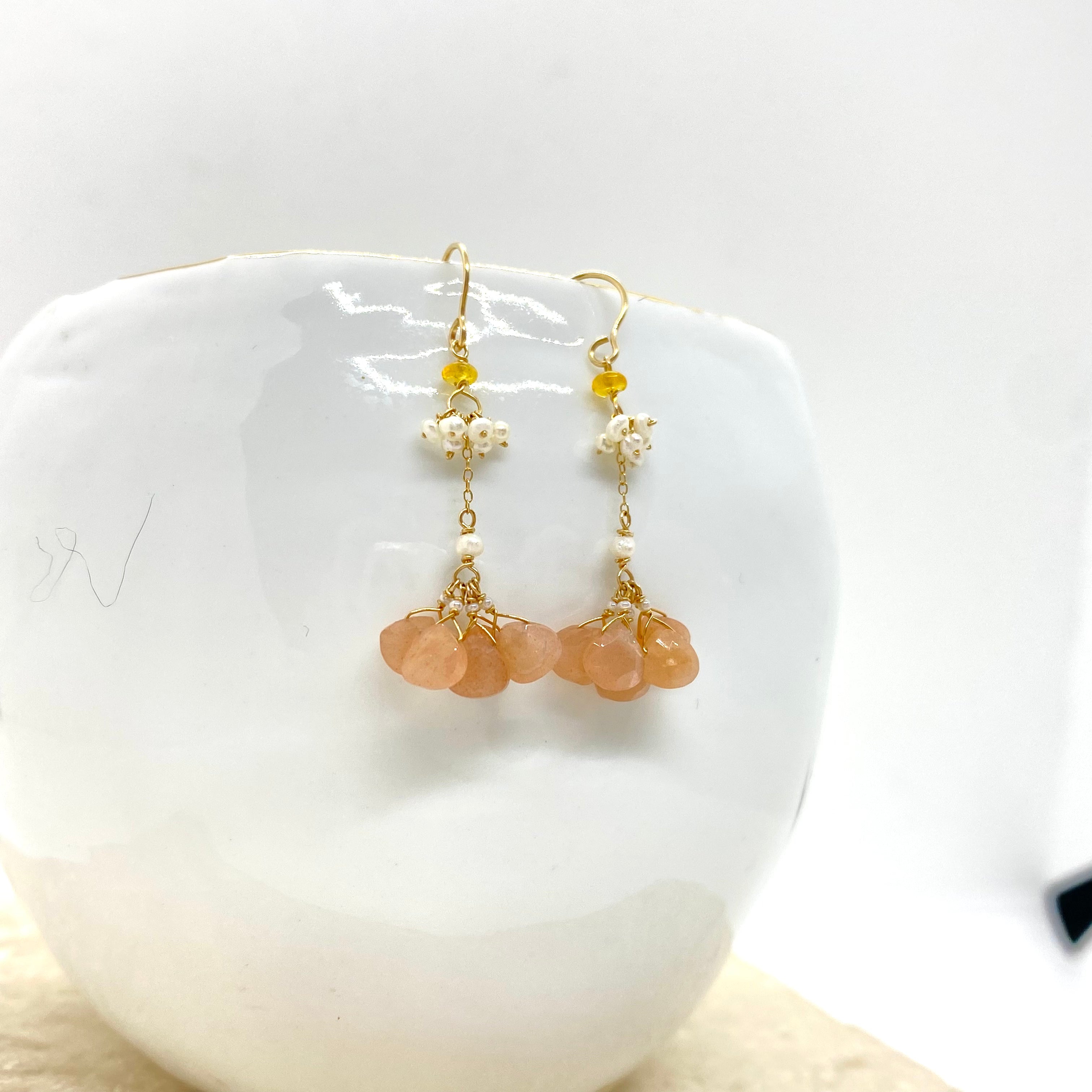 14k Gold Earrings w/ Peach Moonstone, Opal, Freshwater Pearls & Antique Italian Beads