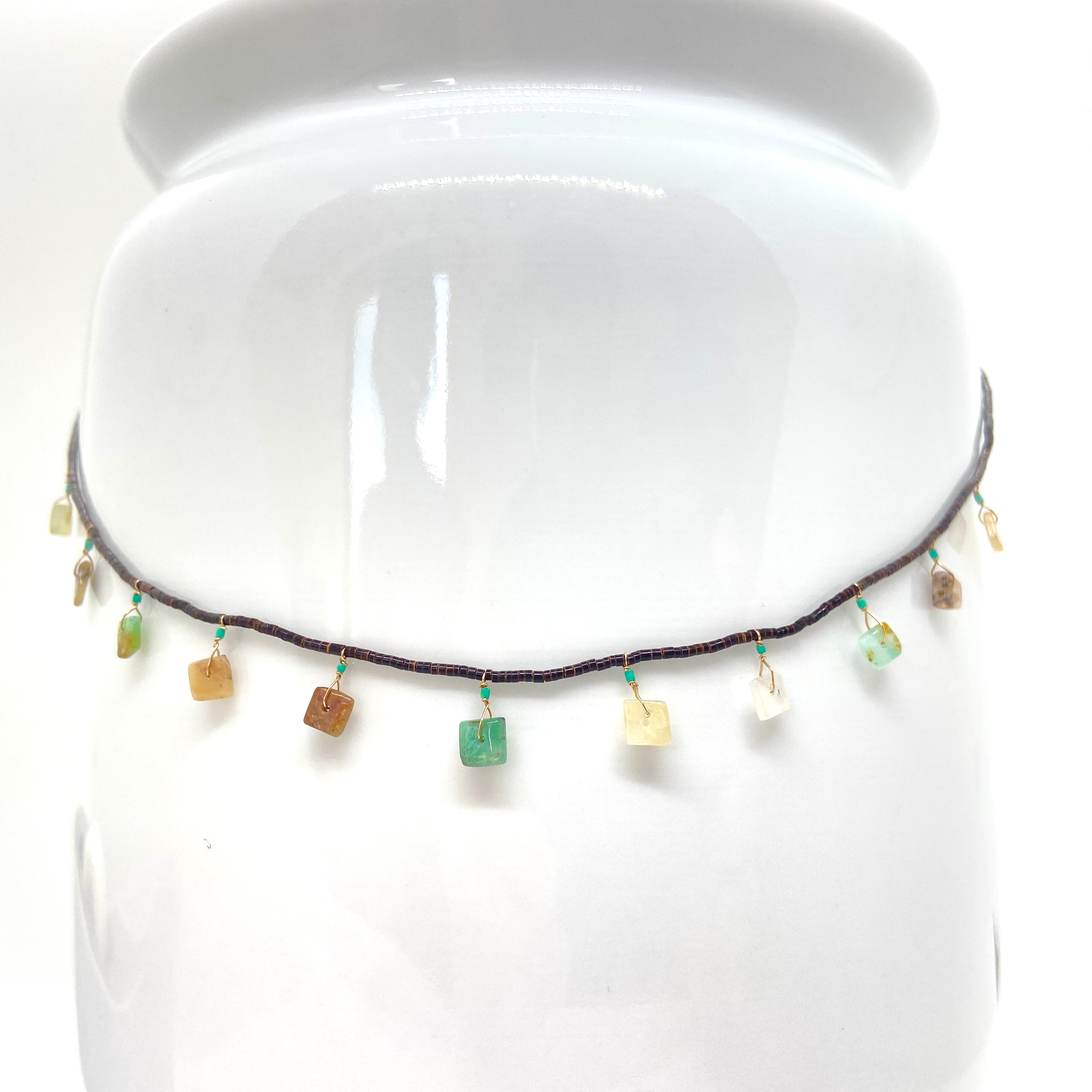 String Beaded Necklace w/ Opal, Turquoise Tucum Coconut Beads