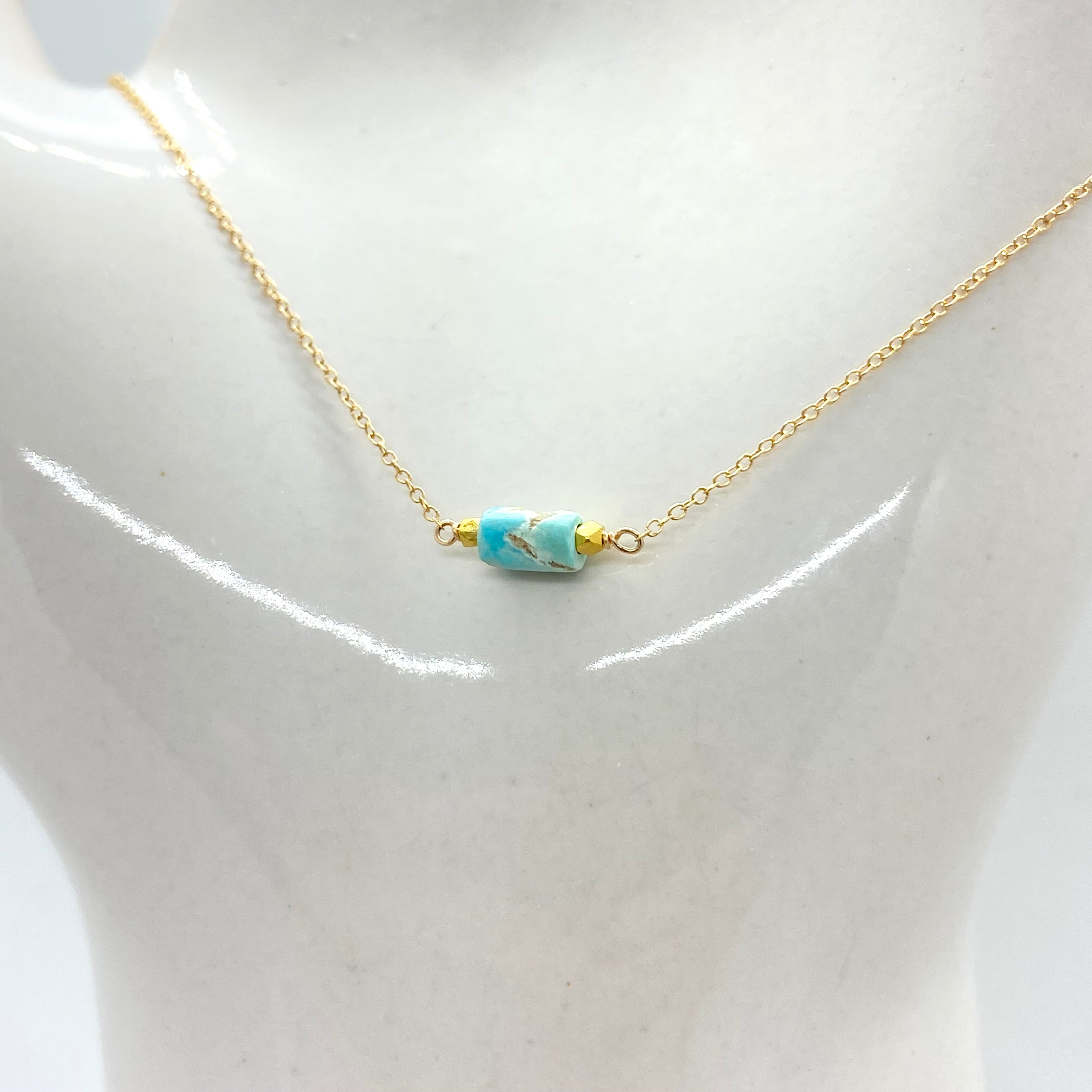 14k Gold Chain Necklace w/ Ancient Turquoise & 18k Gold Pendants