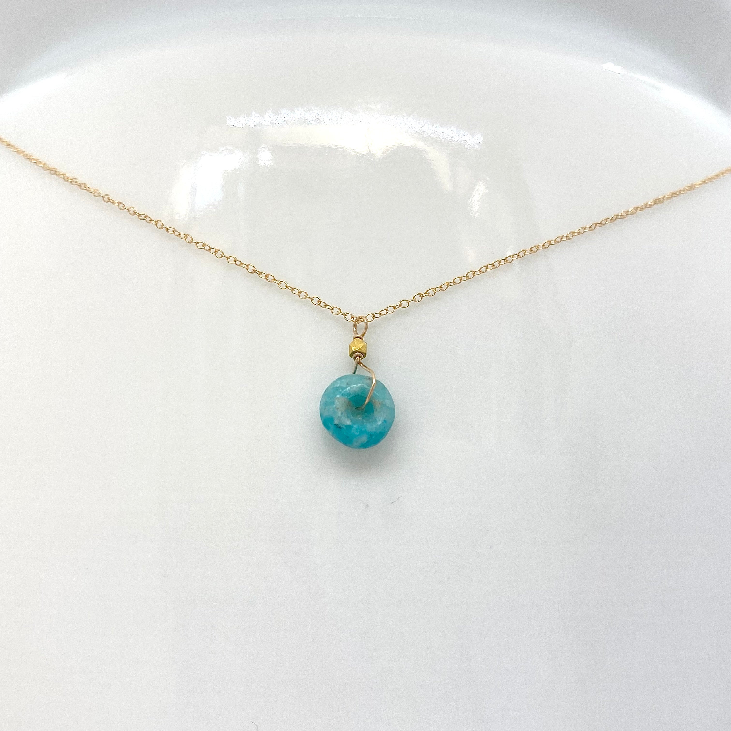 14k Gold Chain Necklace w/ Pre-Columbian Chrysoprase Wheel & 18k Gold Nugget