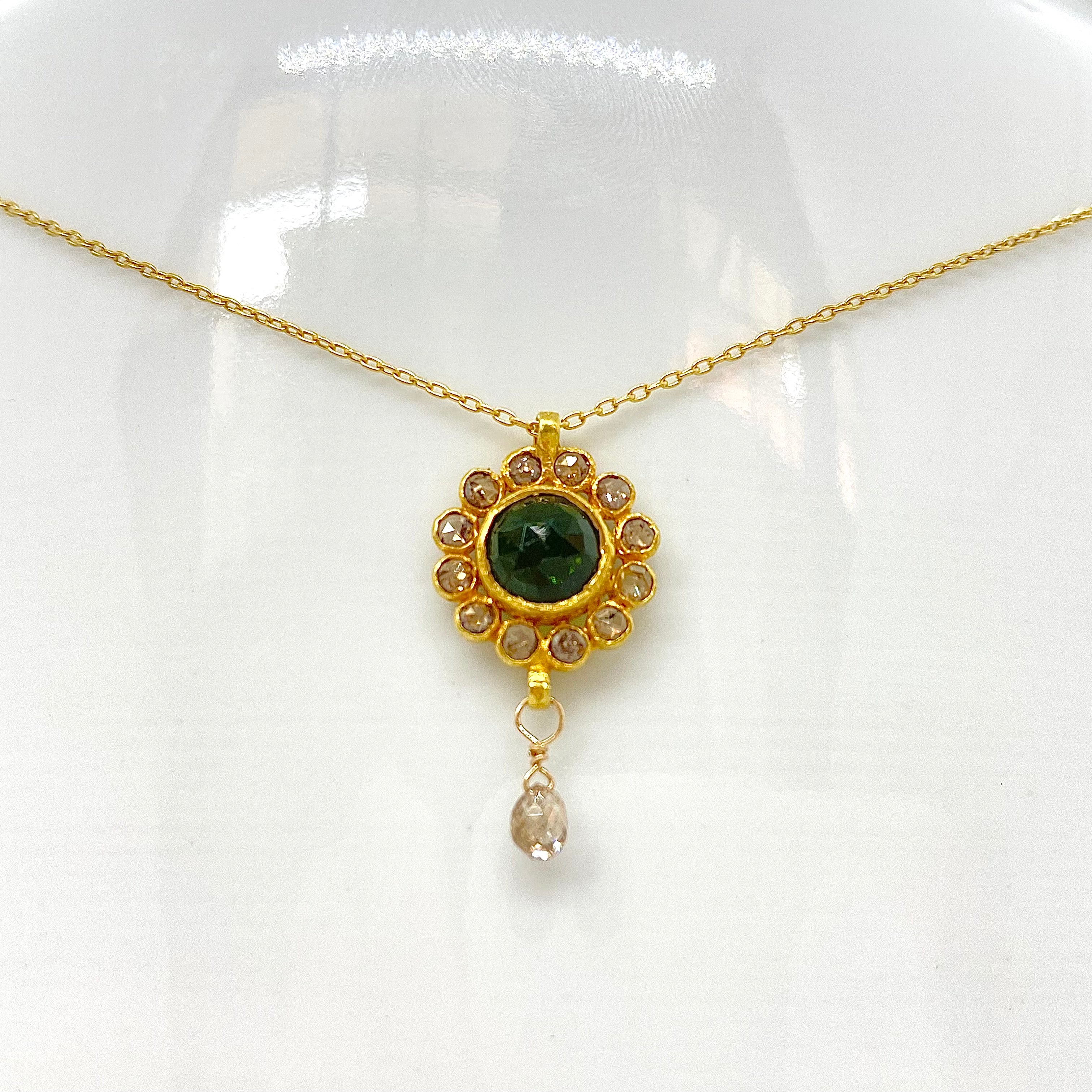14k Gold Chain Necklace w/ 18k Gold Sapphire Pendant & Diamonds