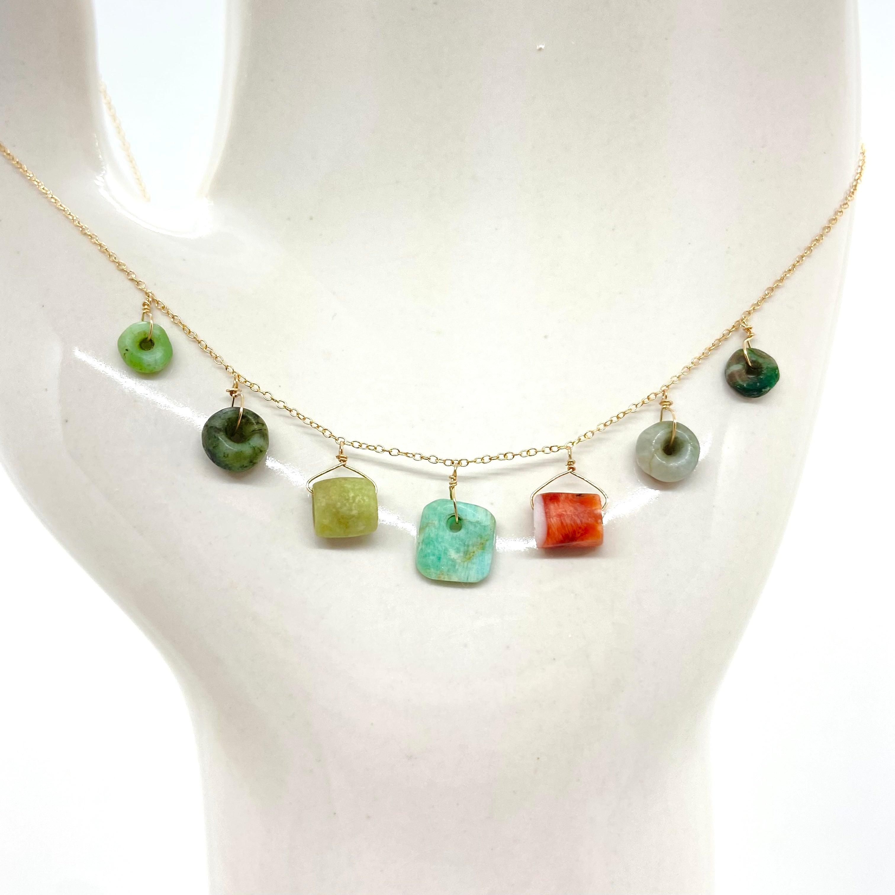 14k Gold Chain Necklace w/ Pre-Columbian Chrysoprase, Jade, Jadeite, Amazonite & Coral