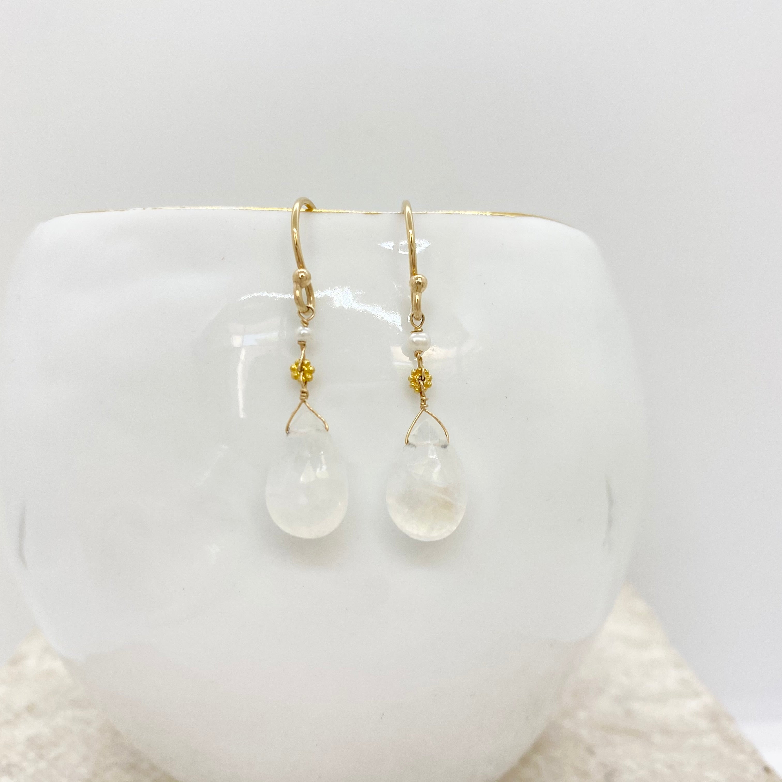 14k Gold Earrings w/ Freshwater Pearls, 18k Gold Daisies & Moonstone
