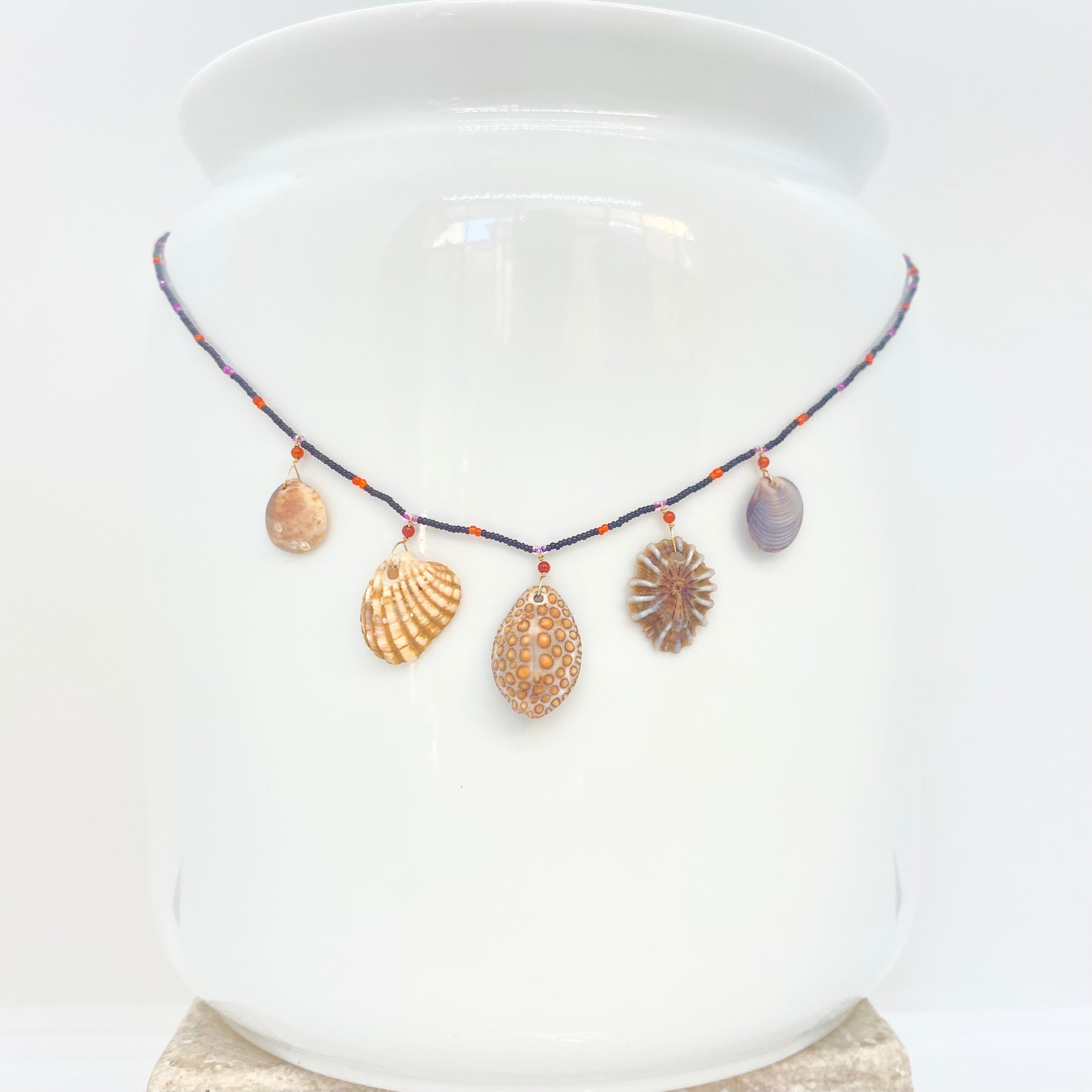 Beaded Necklace w/ 14k Gold, Seashells, Carnelian & Antique Italian Beads