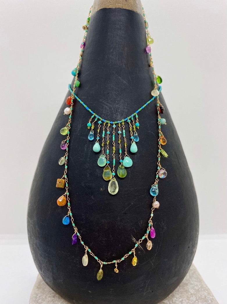 String Beaded Necklace w/ Chrysoberyl, Opal, Chrysoprase, Afghan Turquoise, Apatite & Antique Italian Beads