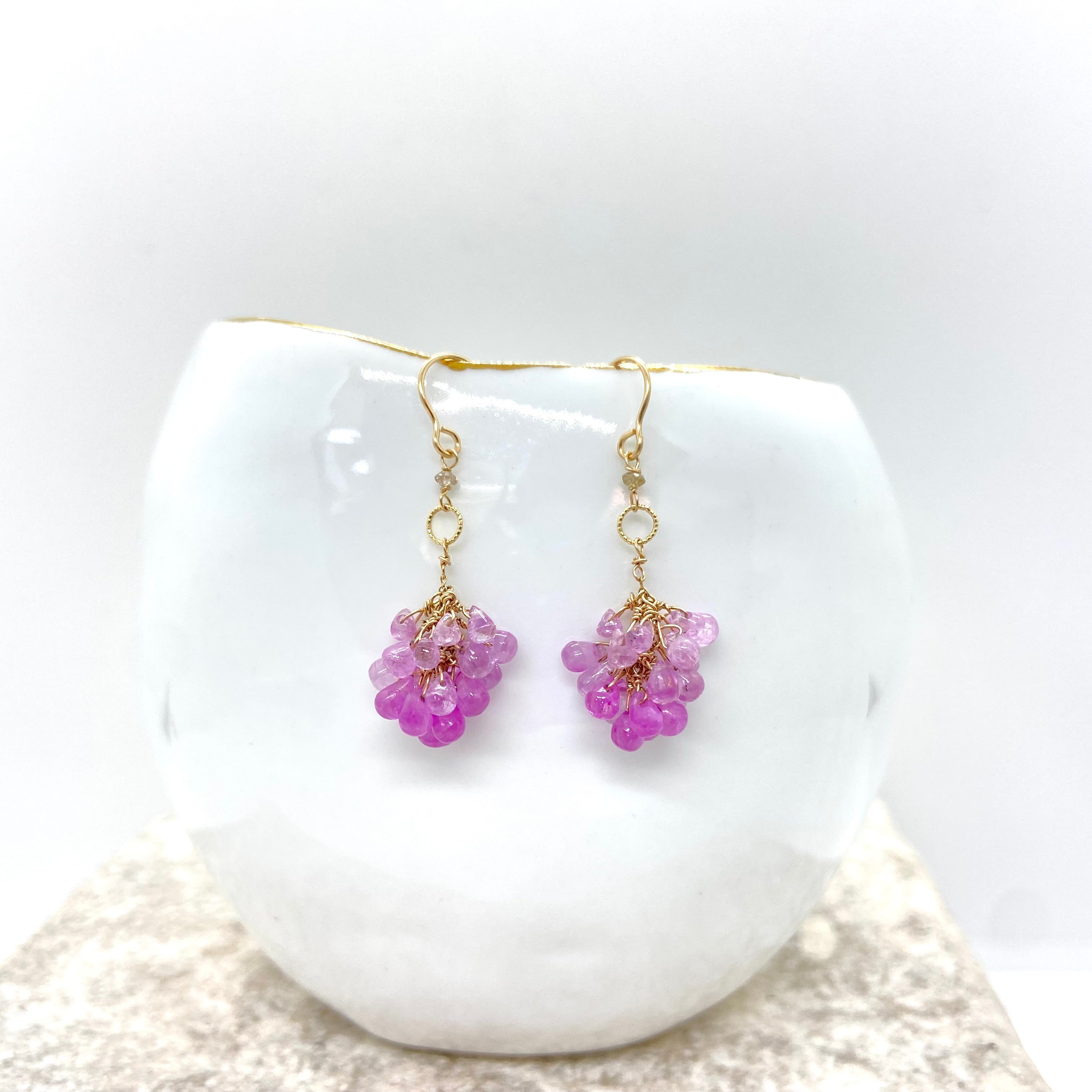 14k Gold Earrings w/ Pink Sapphires, 18k Gold Loop & Diamond