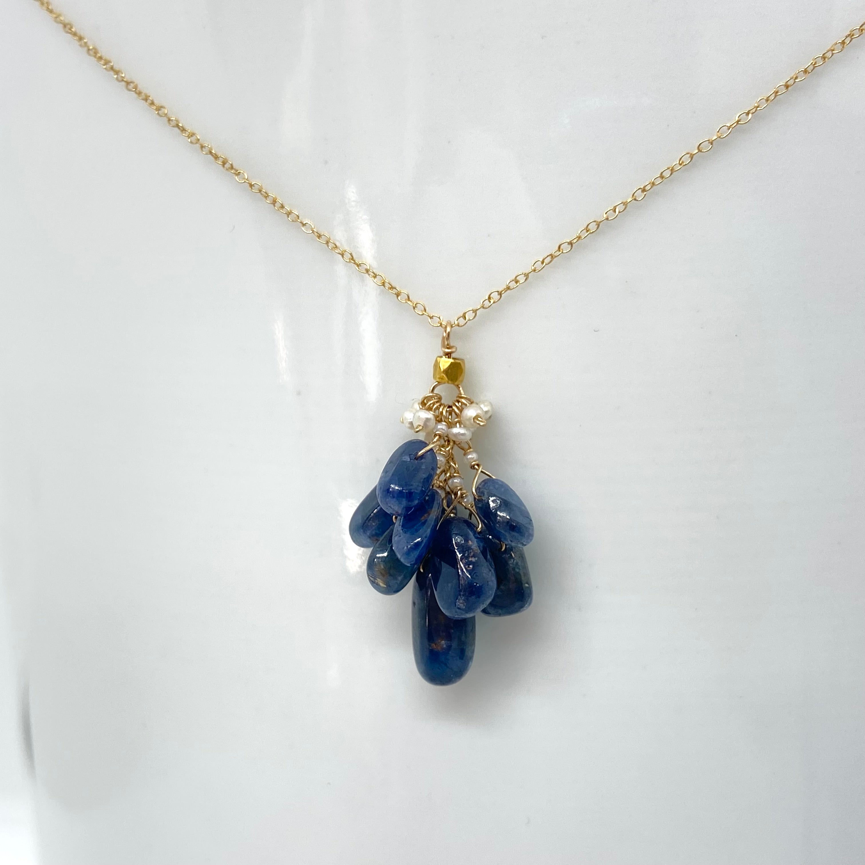 14k Gold Chain Necklace w/ Blue Sapphires, 18k Gold Nugget, Freshwater Pearls & Antique Italian Beads