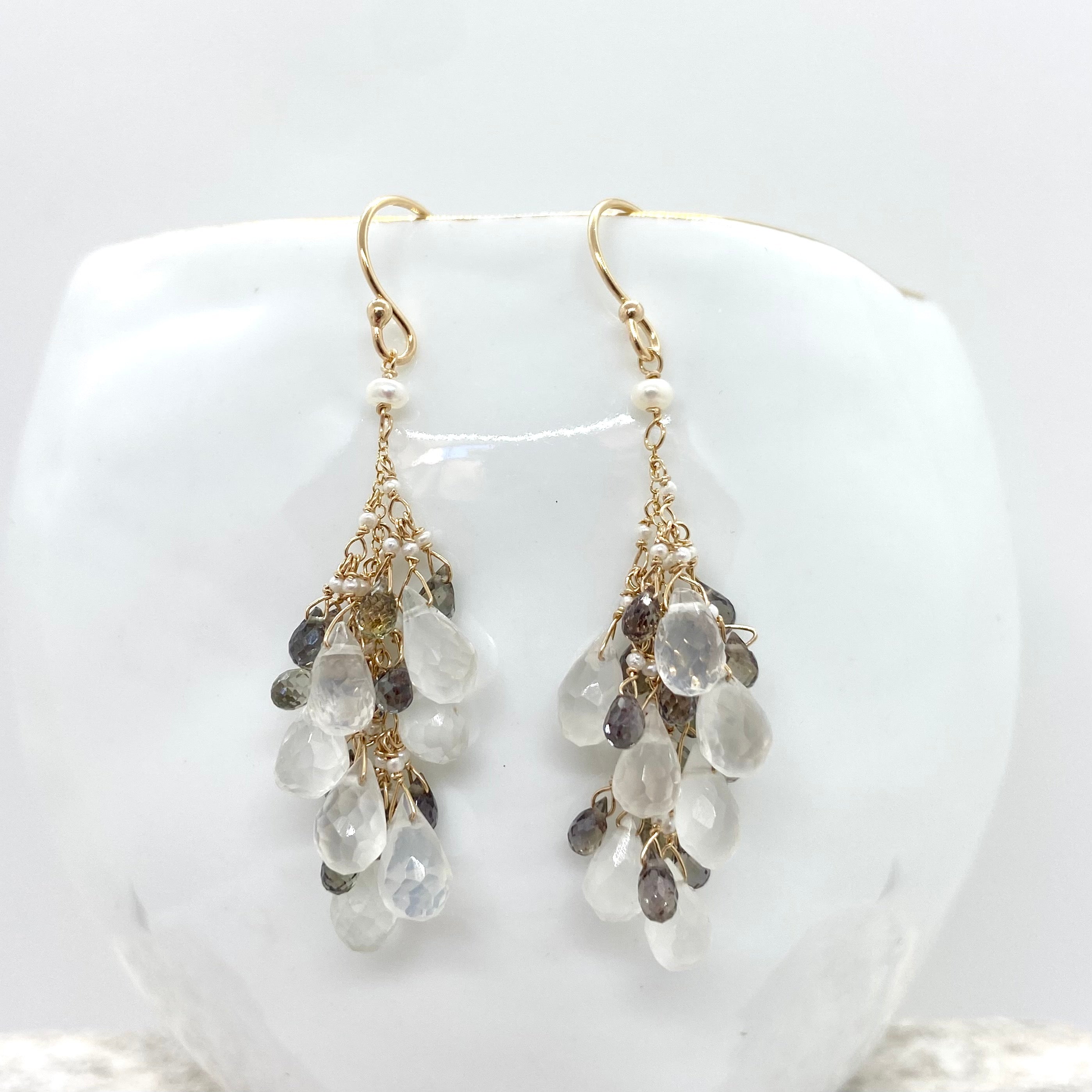 14k Gold Earrings w/ Moonstone, Grey Sapphires, Keshi Pearls & Freshwater Pearl