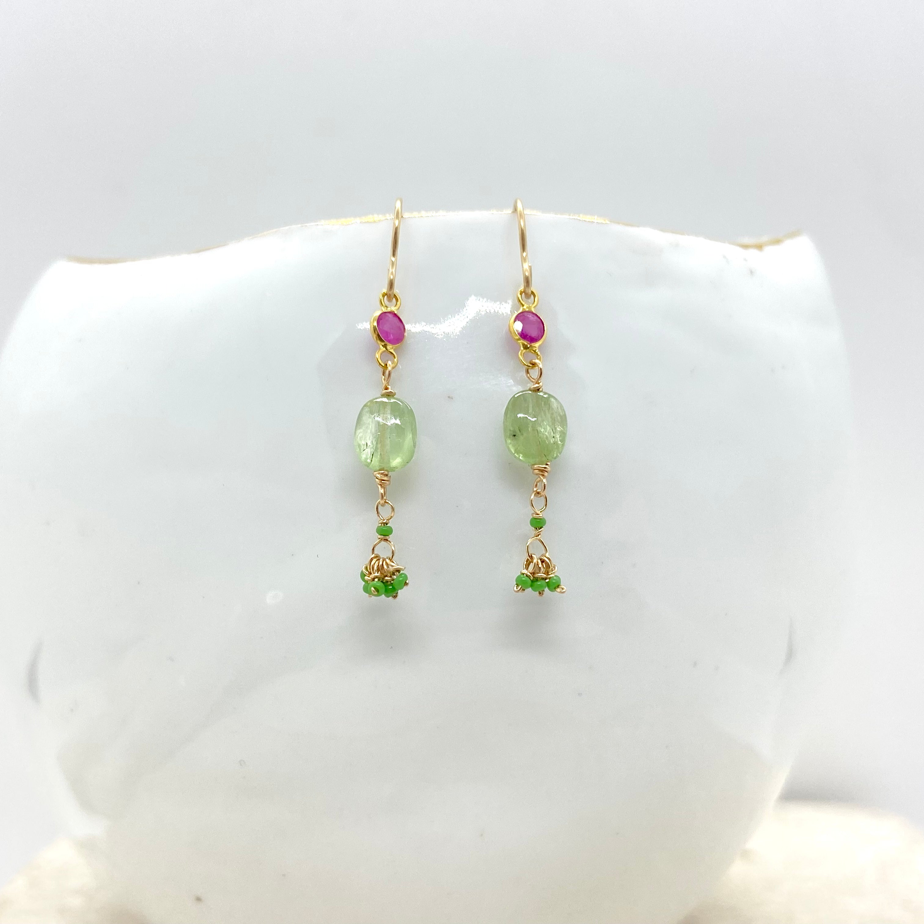 14k Gold Earrings w/ 18k Sapphire Pendants, Tsavorite & Antique Italian Beads