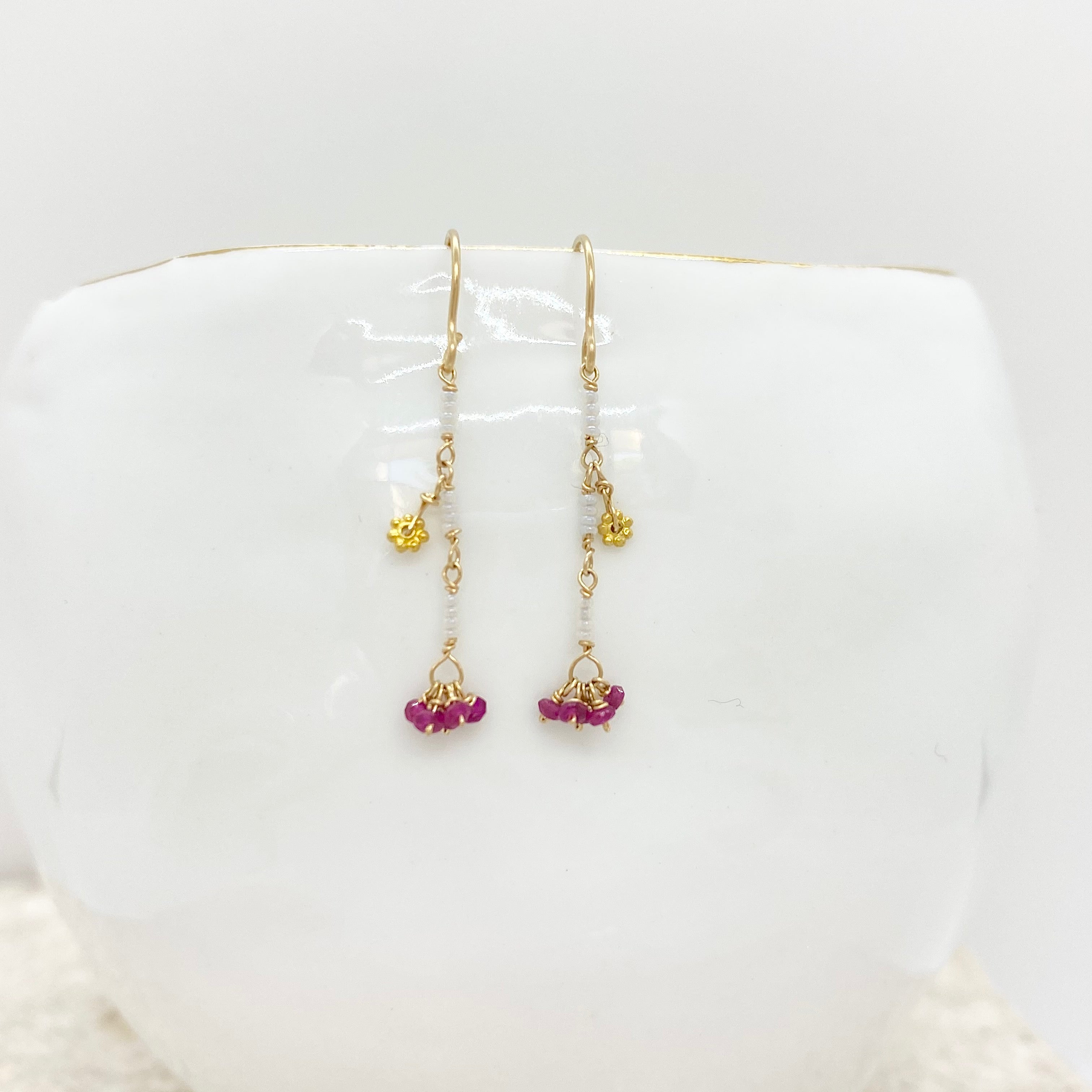 14k Gold Earrings w/ Rubies, 18k Gold Daisy & Antique Italian Beads