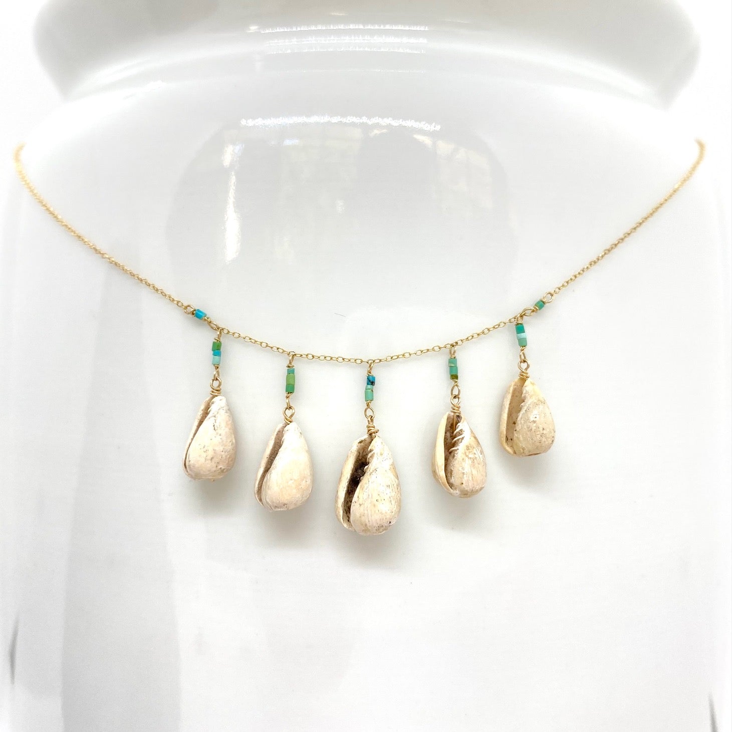 14k Gold Chain Necklace w/ Pre-Columbian Shells & Afghan Turquoise