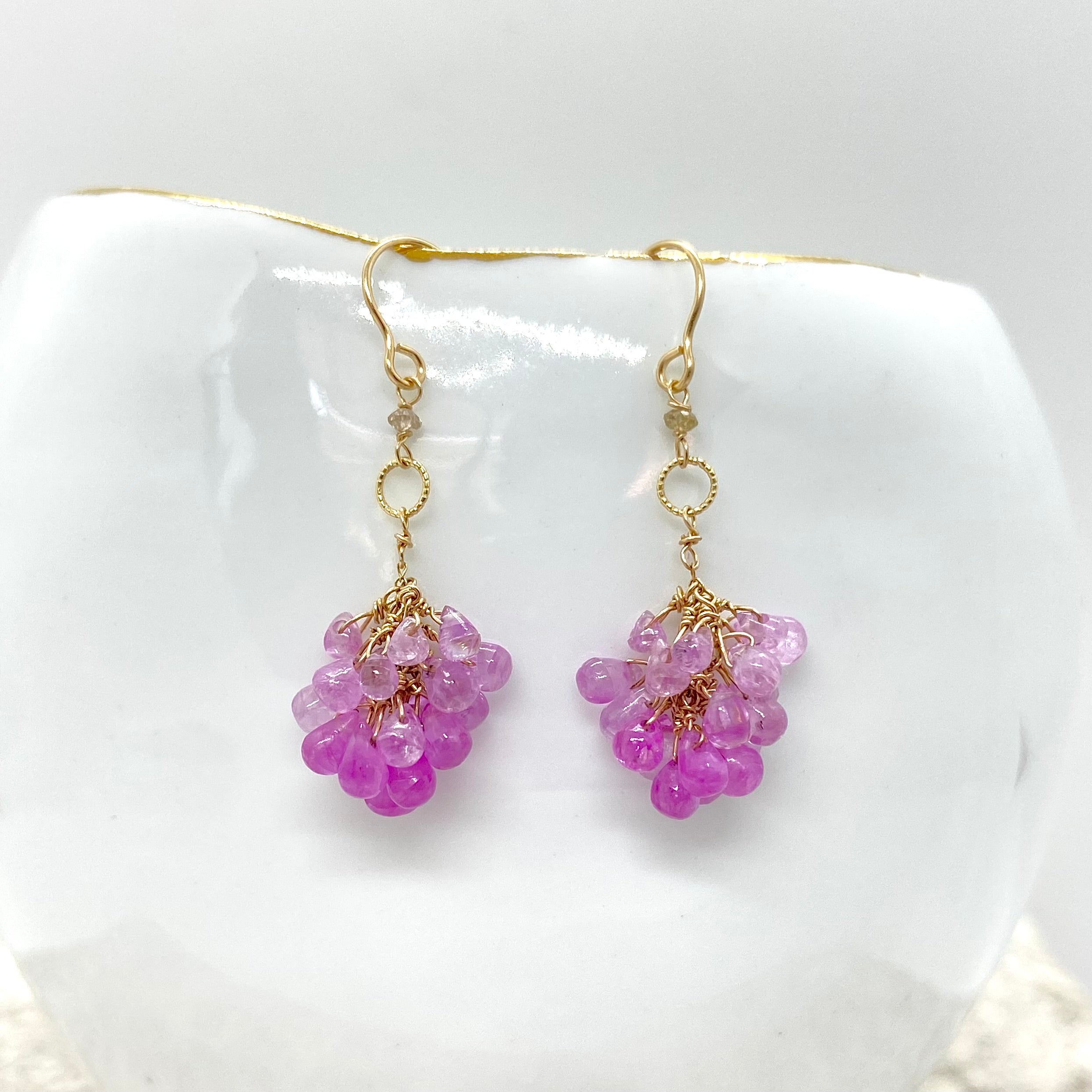 14k Gold Earrings w/ Pink Sapphires, 18k Gold Loop & Diamond