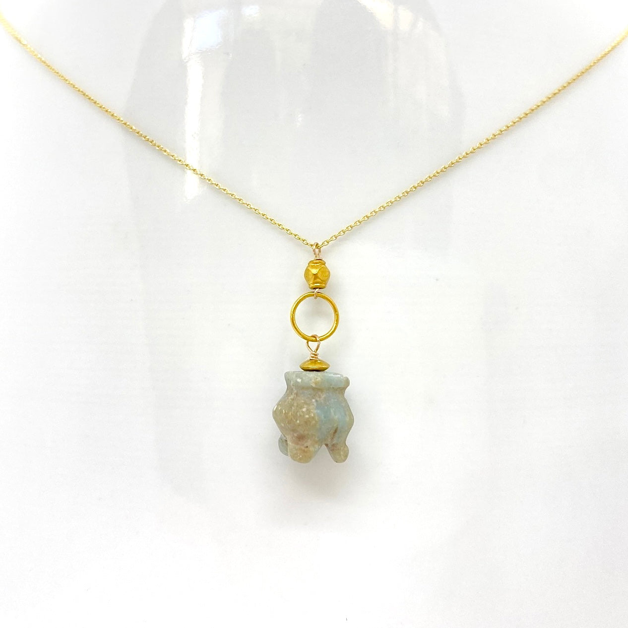 14k Gold Chain Necklace w/ Pre-Columbian Jade Pendant, 18k Gold Nugget & 18k Gold Loop