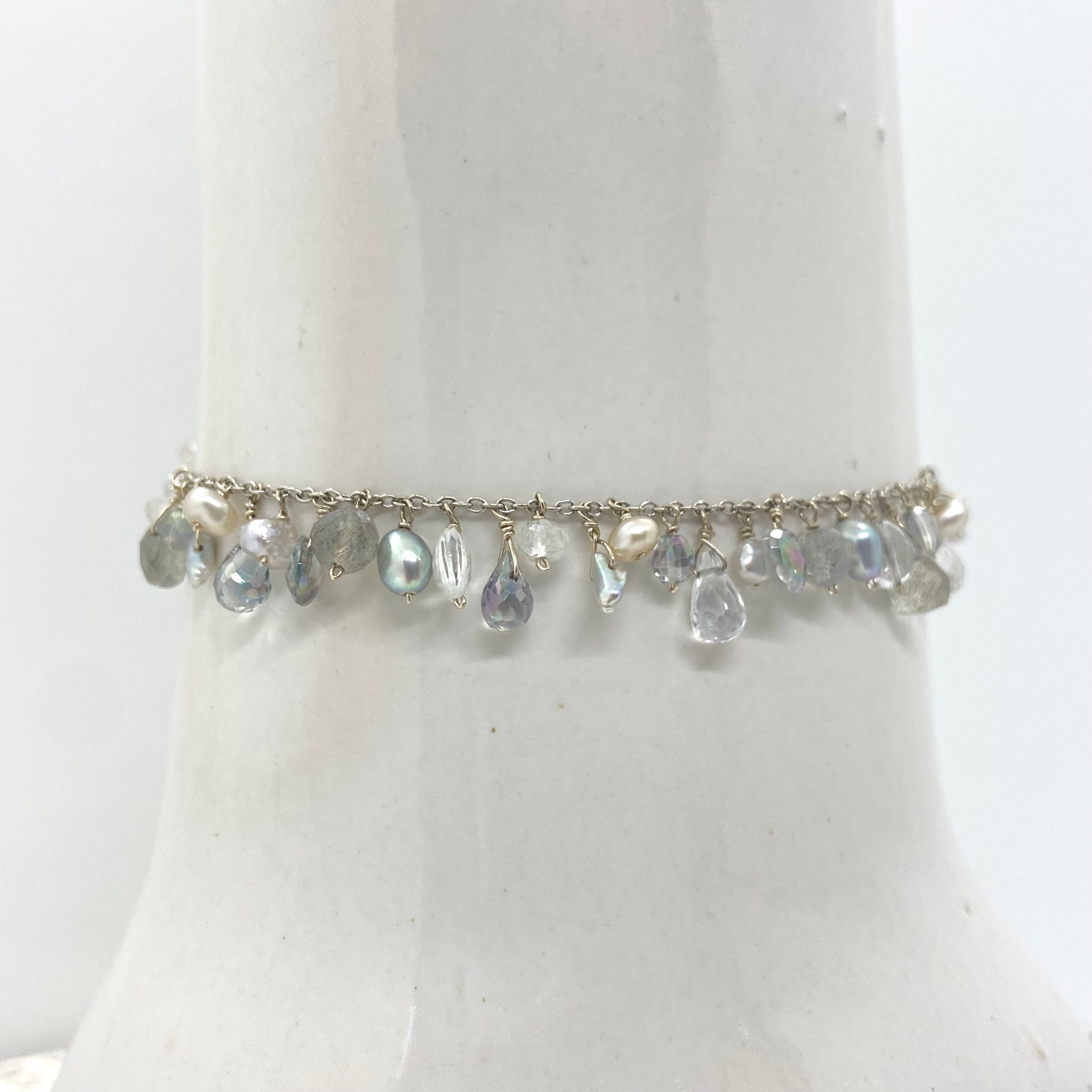 14k White Gold Bracelet w/ Labradorite, Moonstone, Freshwater Pearls, Quartz & Mystic Topaz