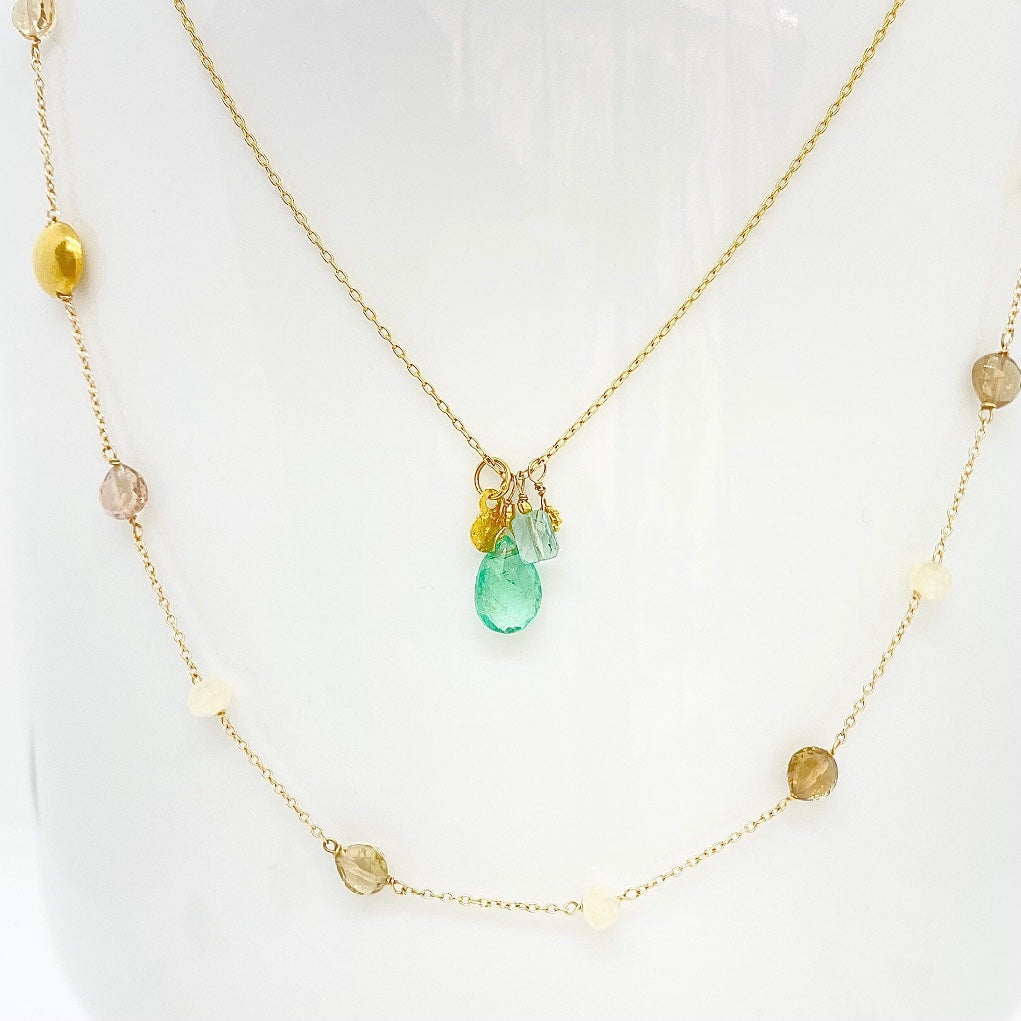 14k Gold Chain Necklace w/ 18k Gold, Emerald & Apatite