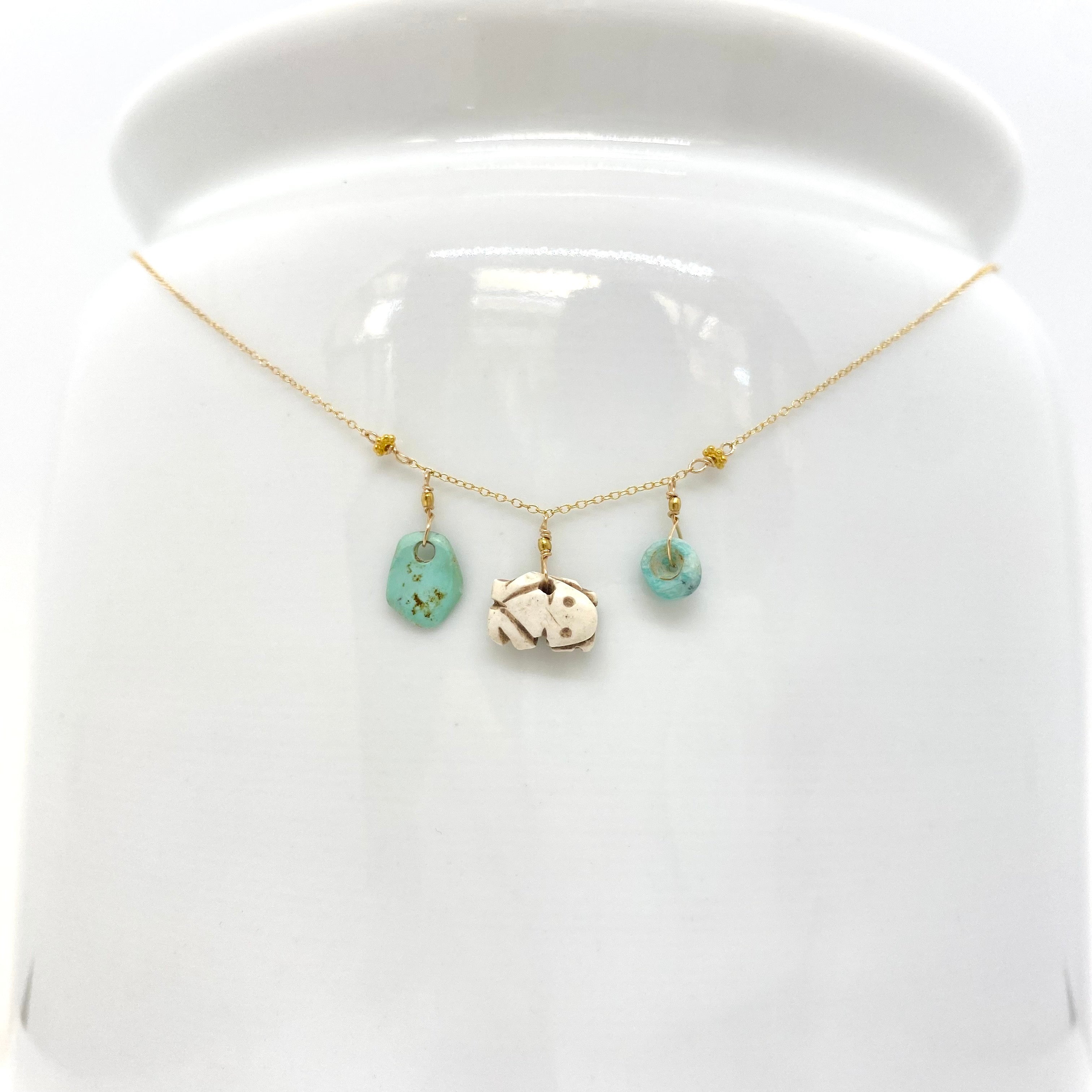 14k Gold Chain Necklace w/ Pre-Columbian Bone Frog Charm, Pre-Columbian Turquoise, 18k Gold Daisies & 18k Gold Nuggets