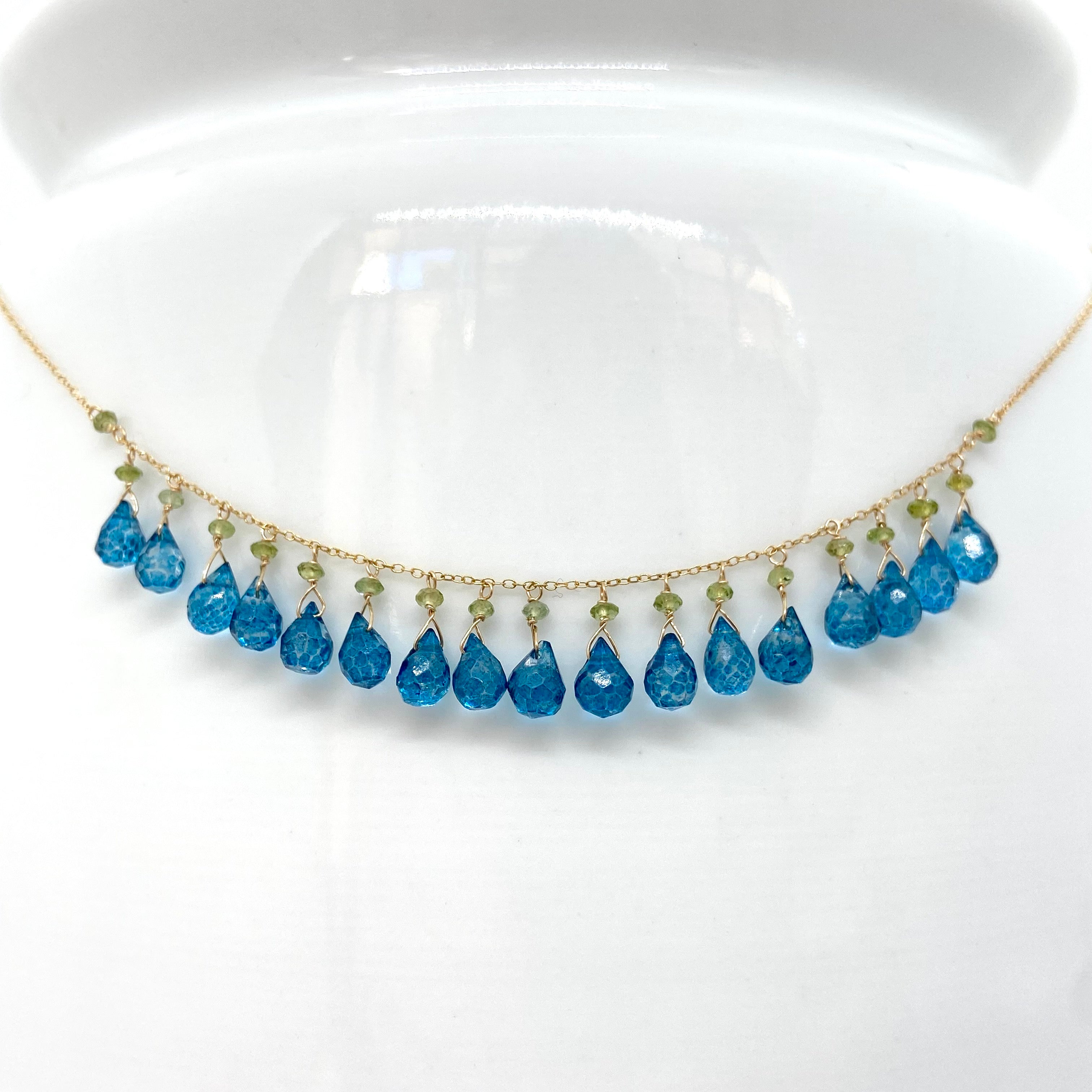 14k Gold Chain Necklace w/ Blue London Topaz & Tourmaline
