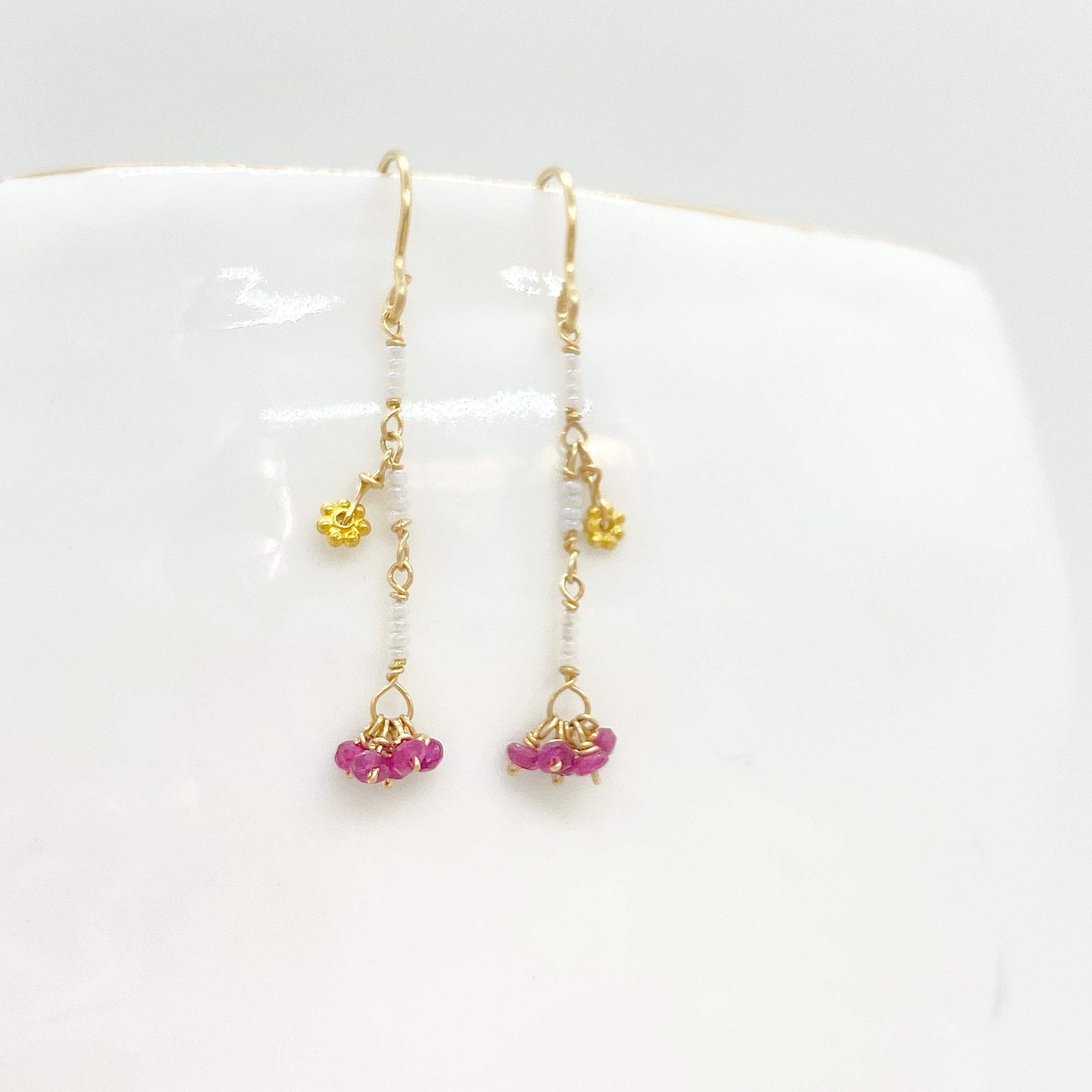 14k Gold Earrings w/ Rubies, 18k Gold Daisy & Antique Italian Beads