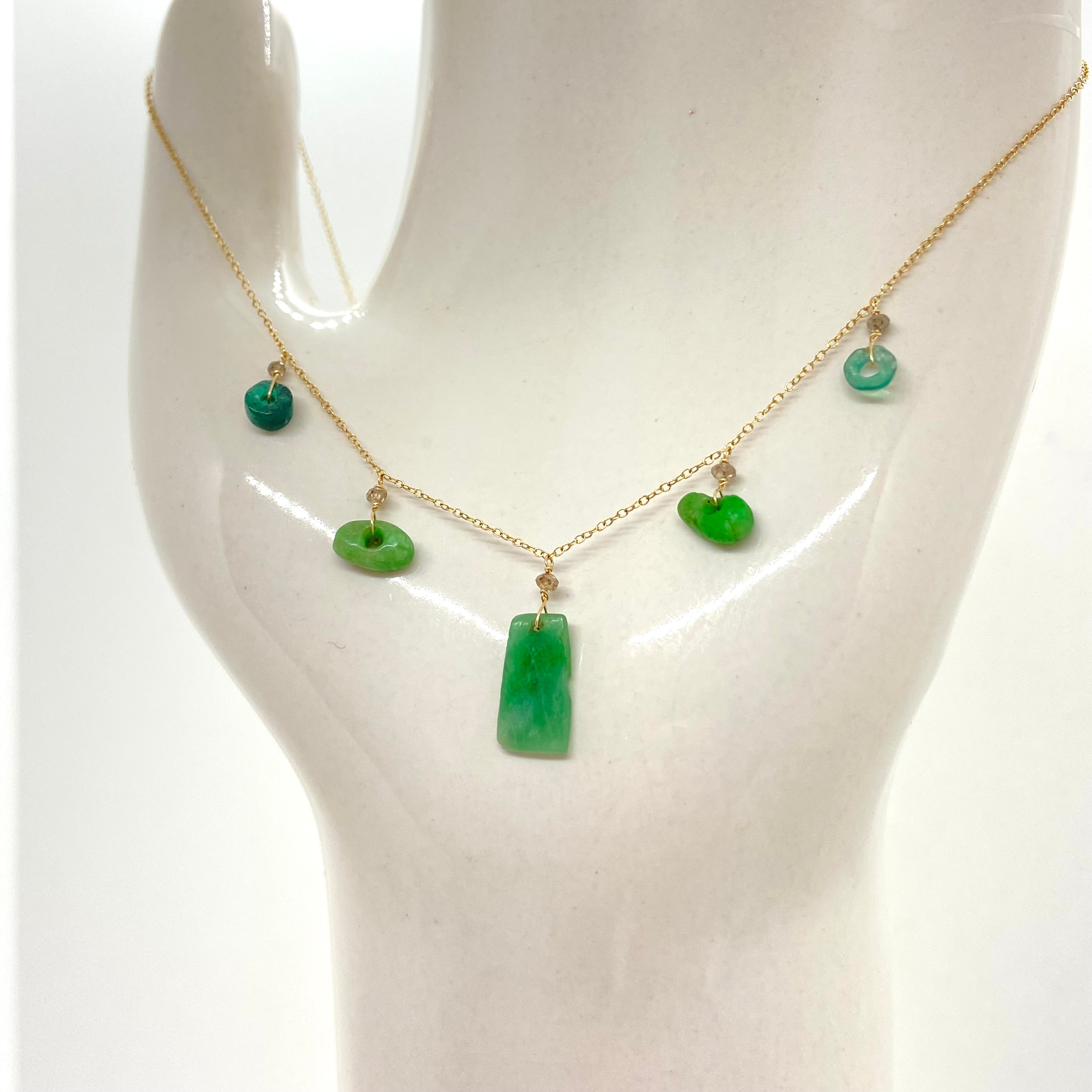 14k Gold Chain Necklace w/ Emerald Jade & Diamonds