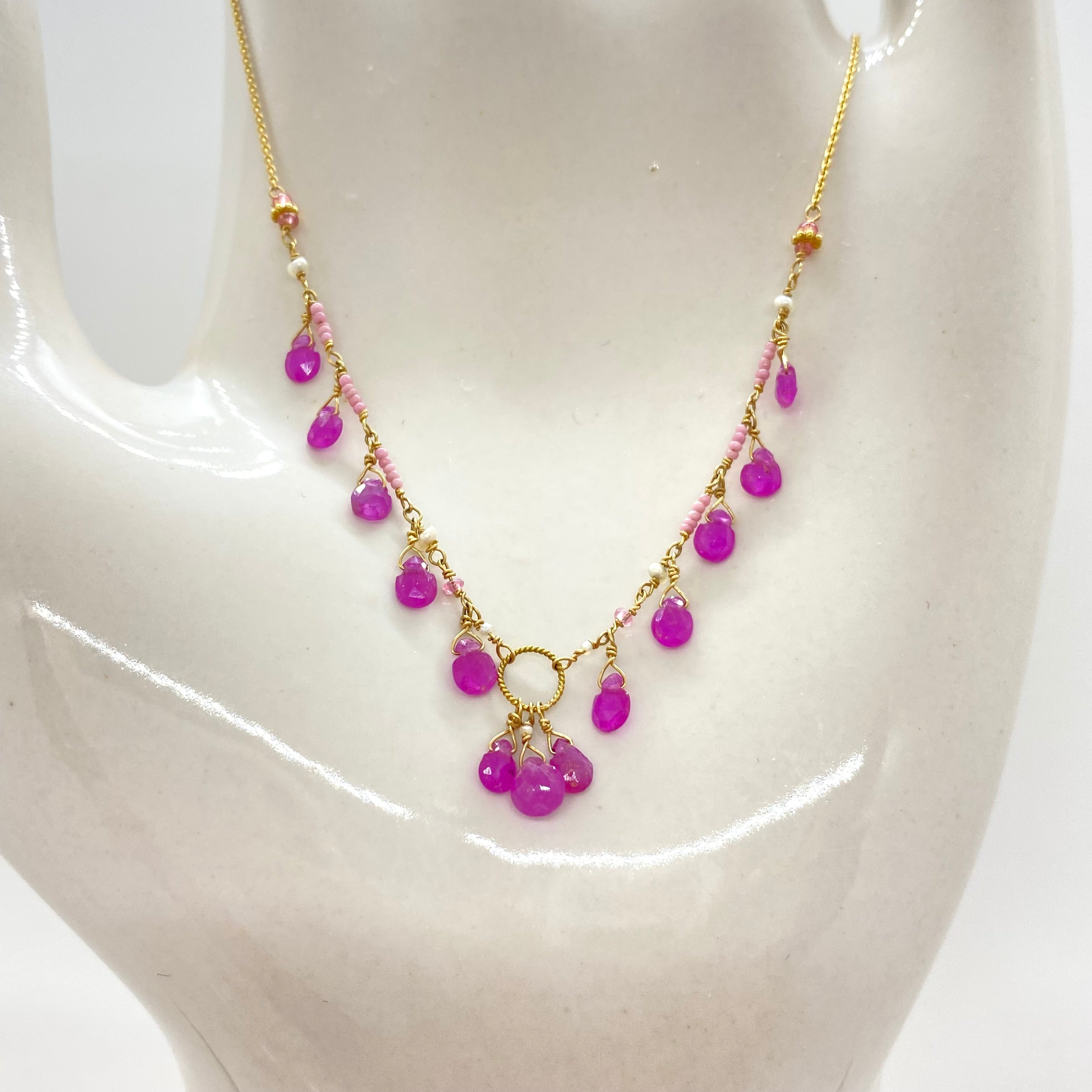14k Gold Chain Necklace w/ Pink Sapphires, Freshwater Pearls, 18k Gold Daisy, 18k Gold Loop & Antique Italian Beads