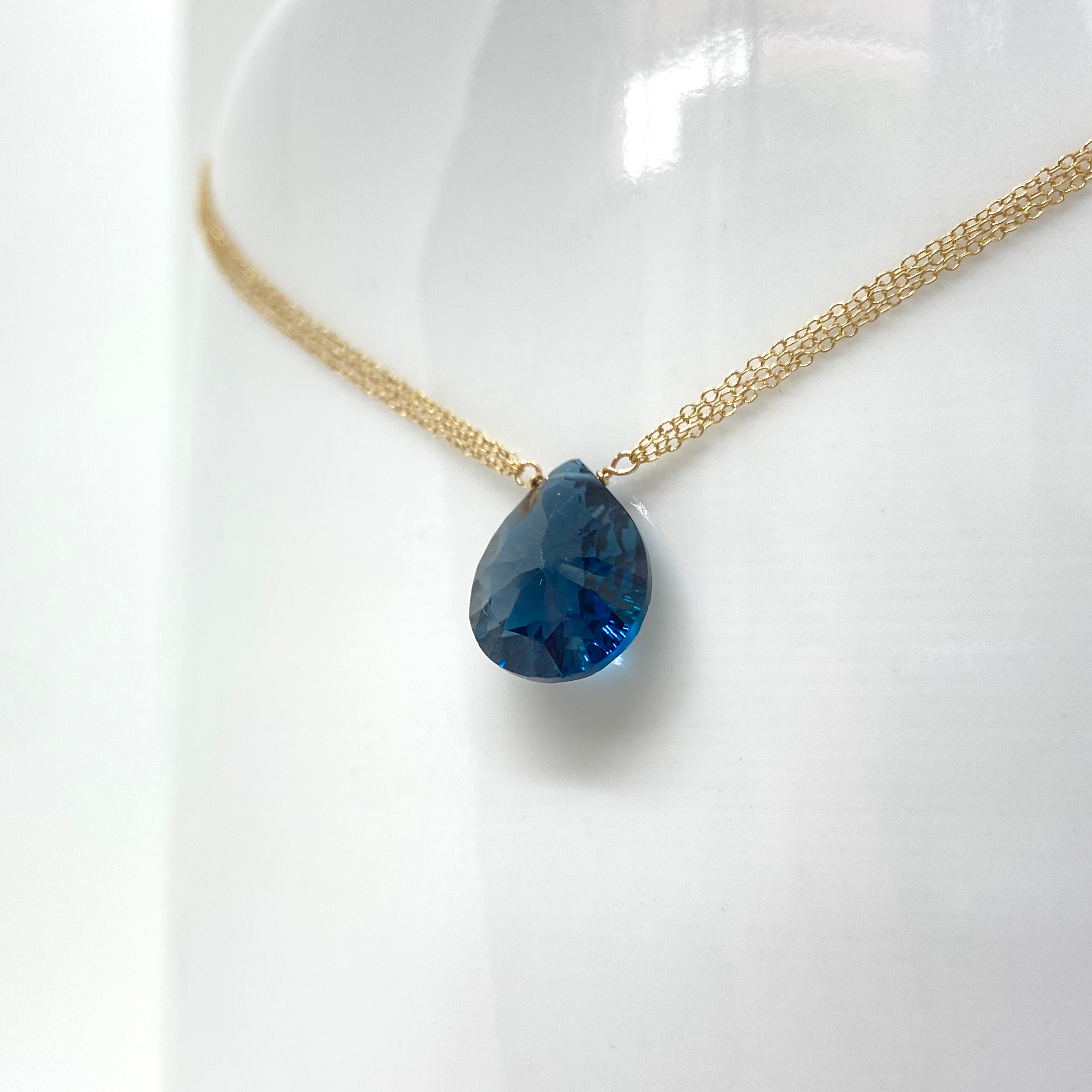14k Gold Triple-Chain Necklace w/ Blue London Topaz