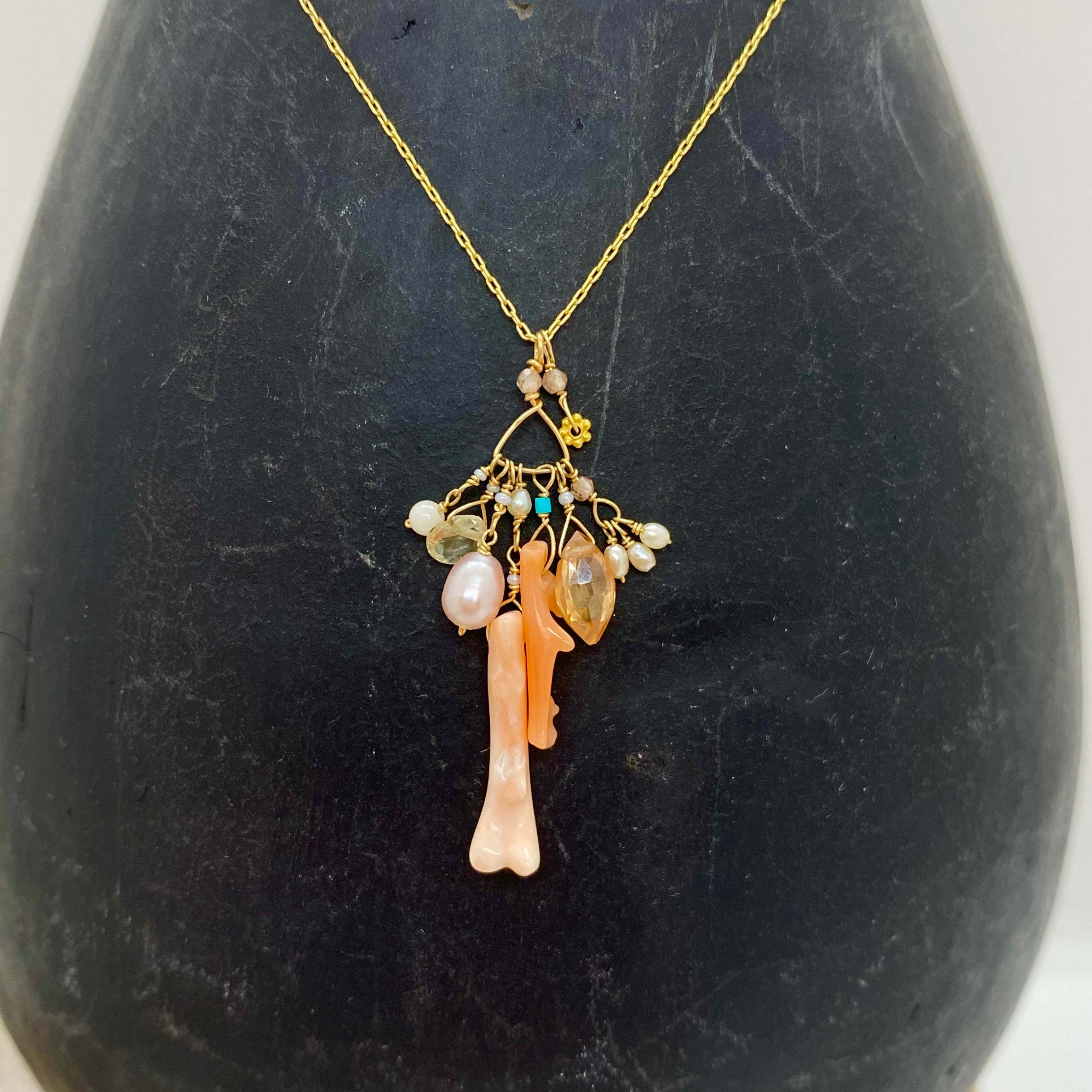 14k Gold Chain Necklace w/ 18k Gold Daisy, Coral, Freshwater Pearls, Cubic Zirconia, Quartz, Opal & Antique Italian Beads