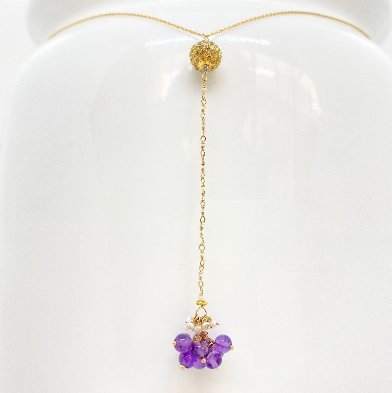 14k Gold Choker Necklace w/ 18k Gold Diamond Pendant, Amethyst, Freshwater Pearls, 18k Gold Daisy, Diamonds & Antique Italian Beads
