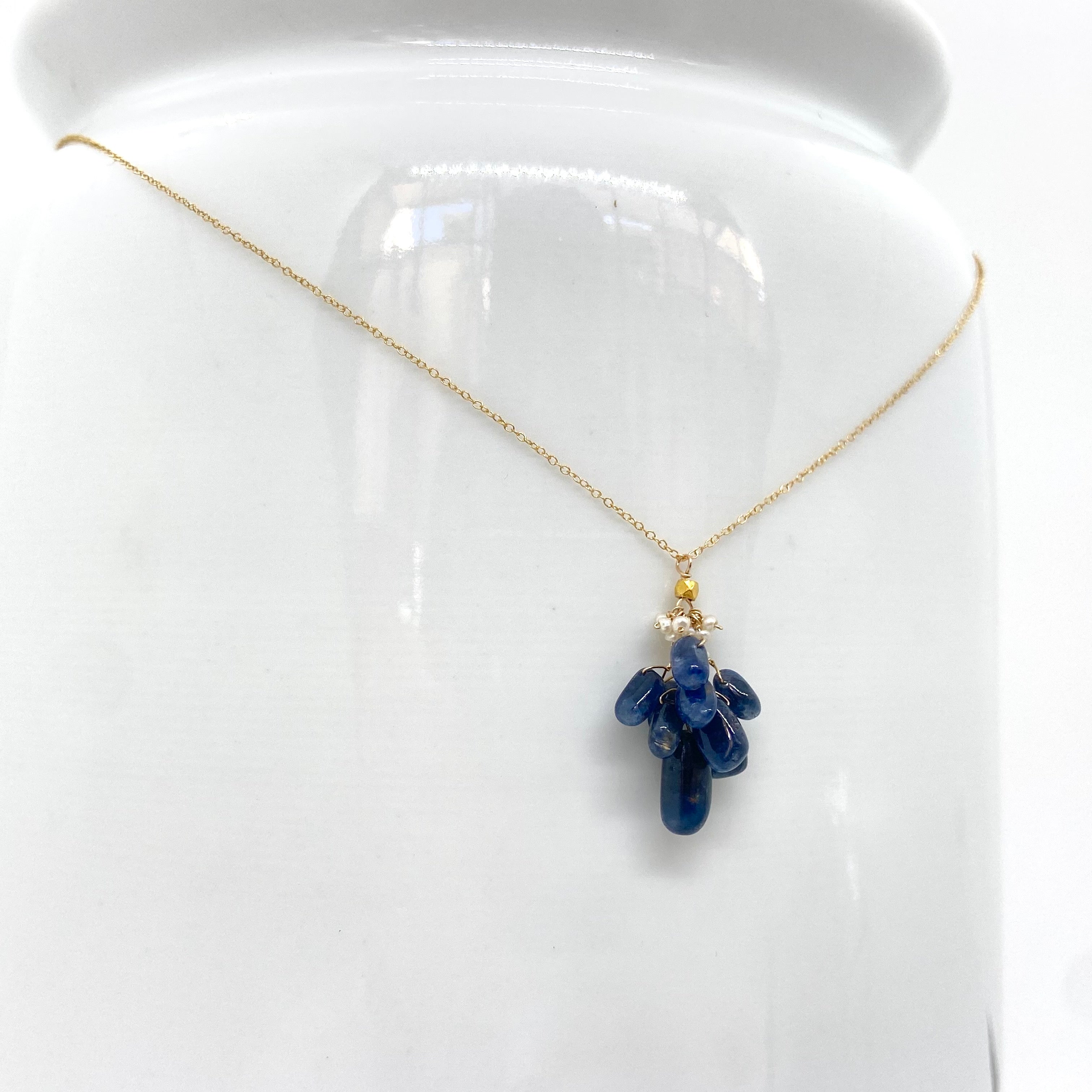 14k Gold Chain Necklace w/ Blue Sapphires, 18k Gold Nugget, Freshwater Pearls & Antique Italian Beads