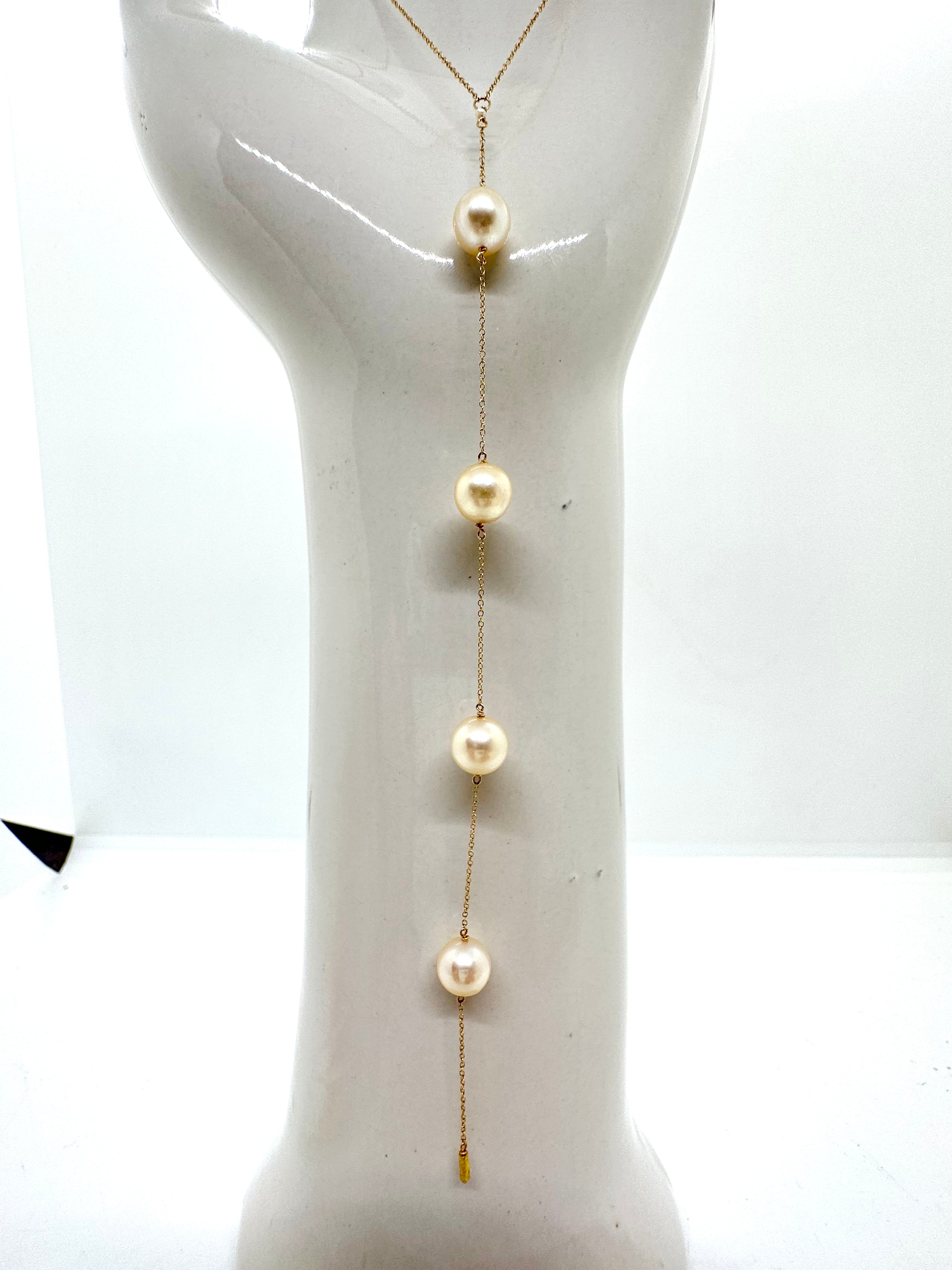 14k Gold Chain Necklace w/ Japanese Akoya Pearls & 18k Gold Hand-Carved Pendant