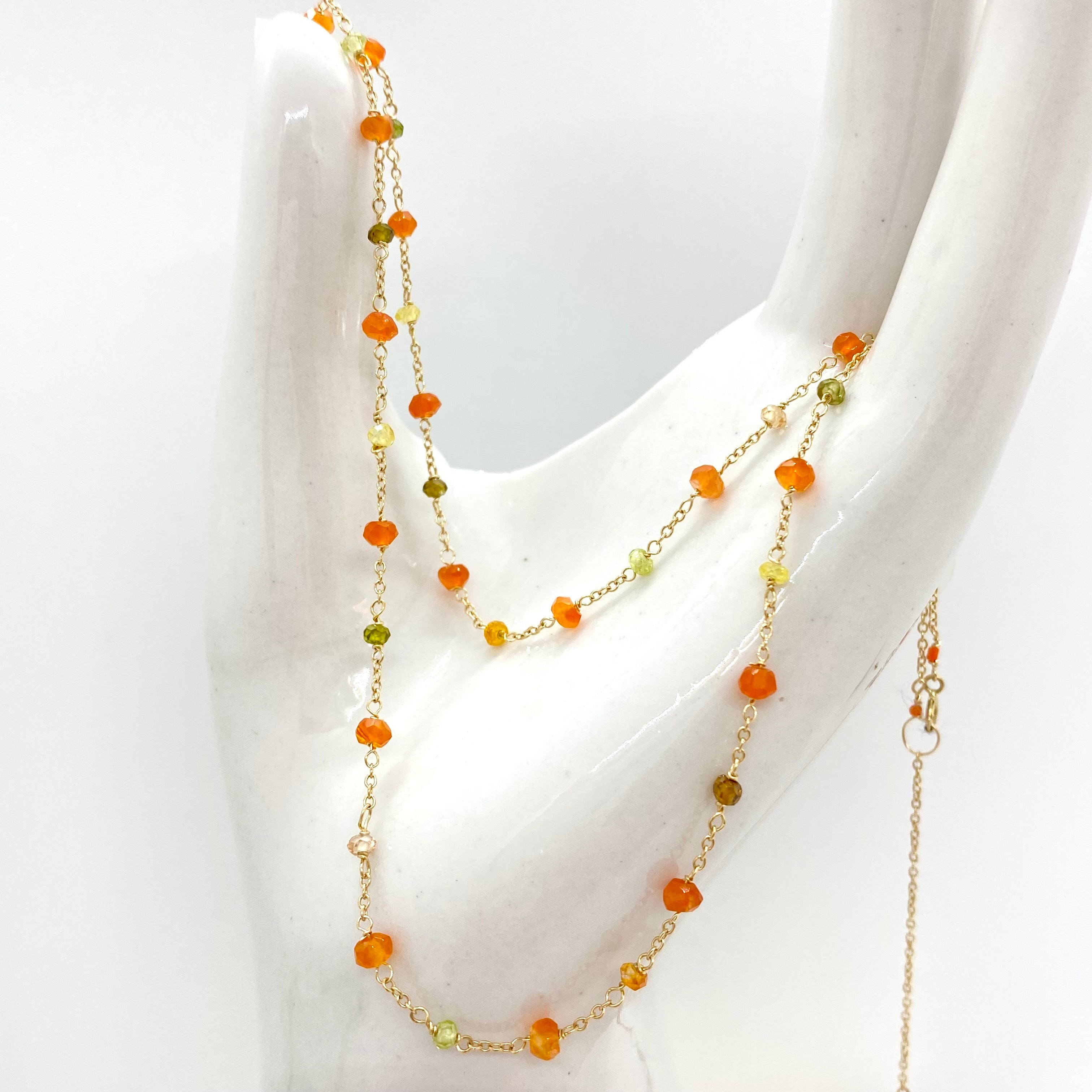 14k Gold Chain Necklace w/ Carnelian, Cubic Zirconia & Antique Italian Beads